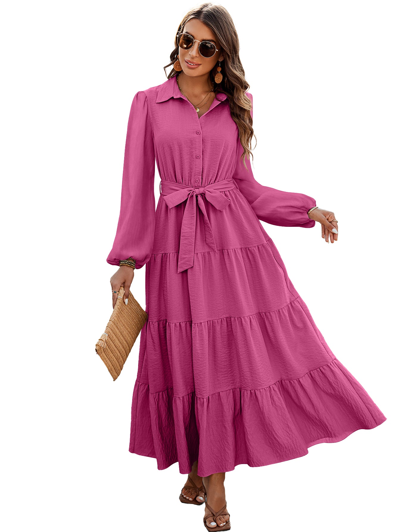 dowerme Women's Long Sleeve Dress 2025 Button Down Belted A-Line Flowy Fall Outfits Ruffle Maxi Holiday Party Dresses