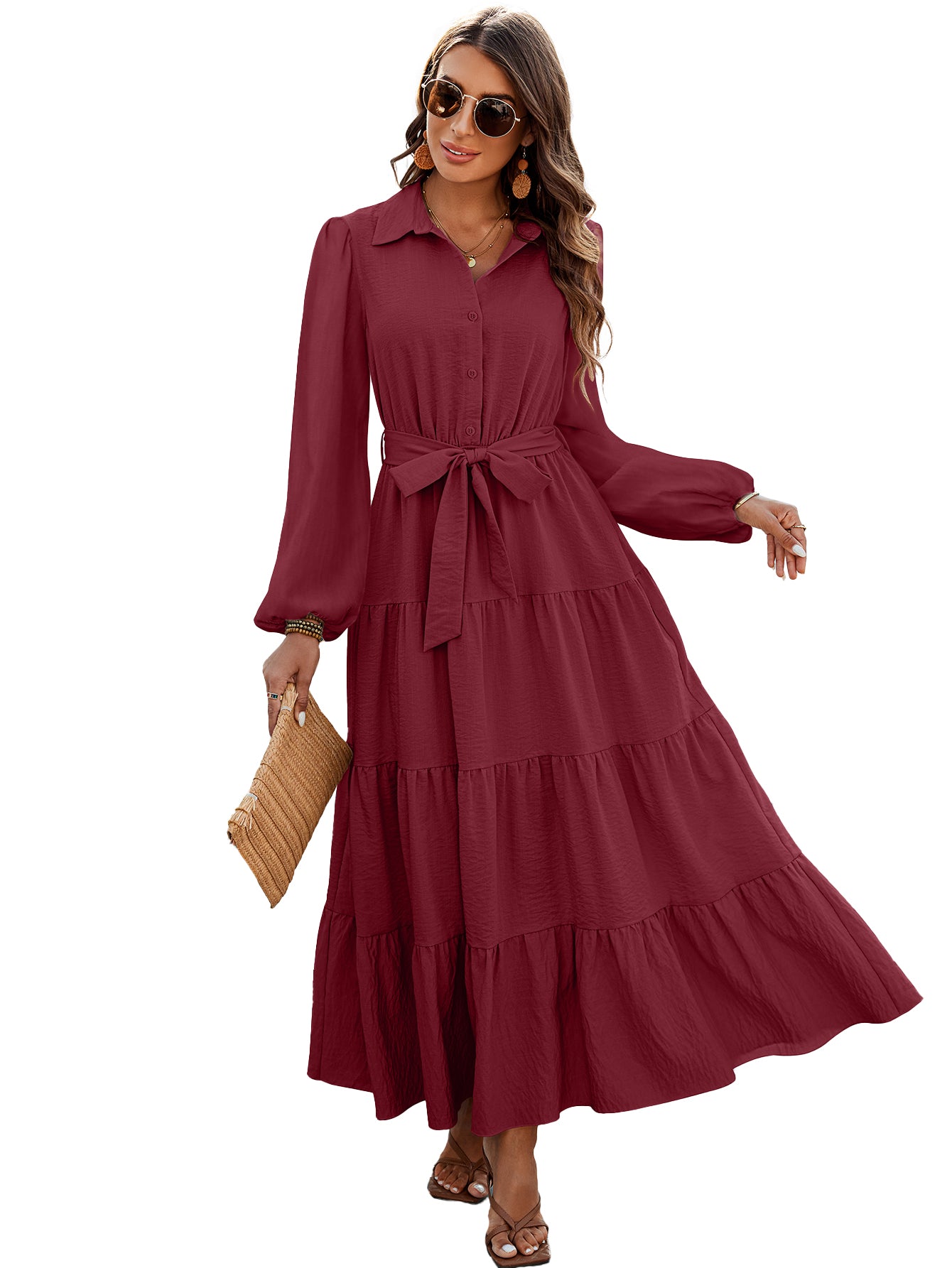 dowerme Women's Long Sleeve Dress 2025 Button Down Belted A-Line Flowy Fall Outfits Ruffle Maxi Holiday Party Dresses