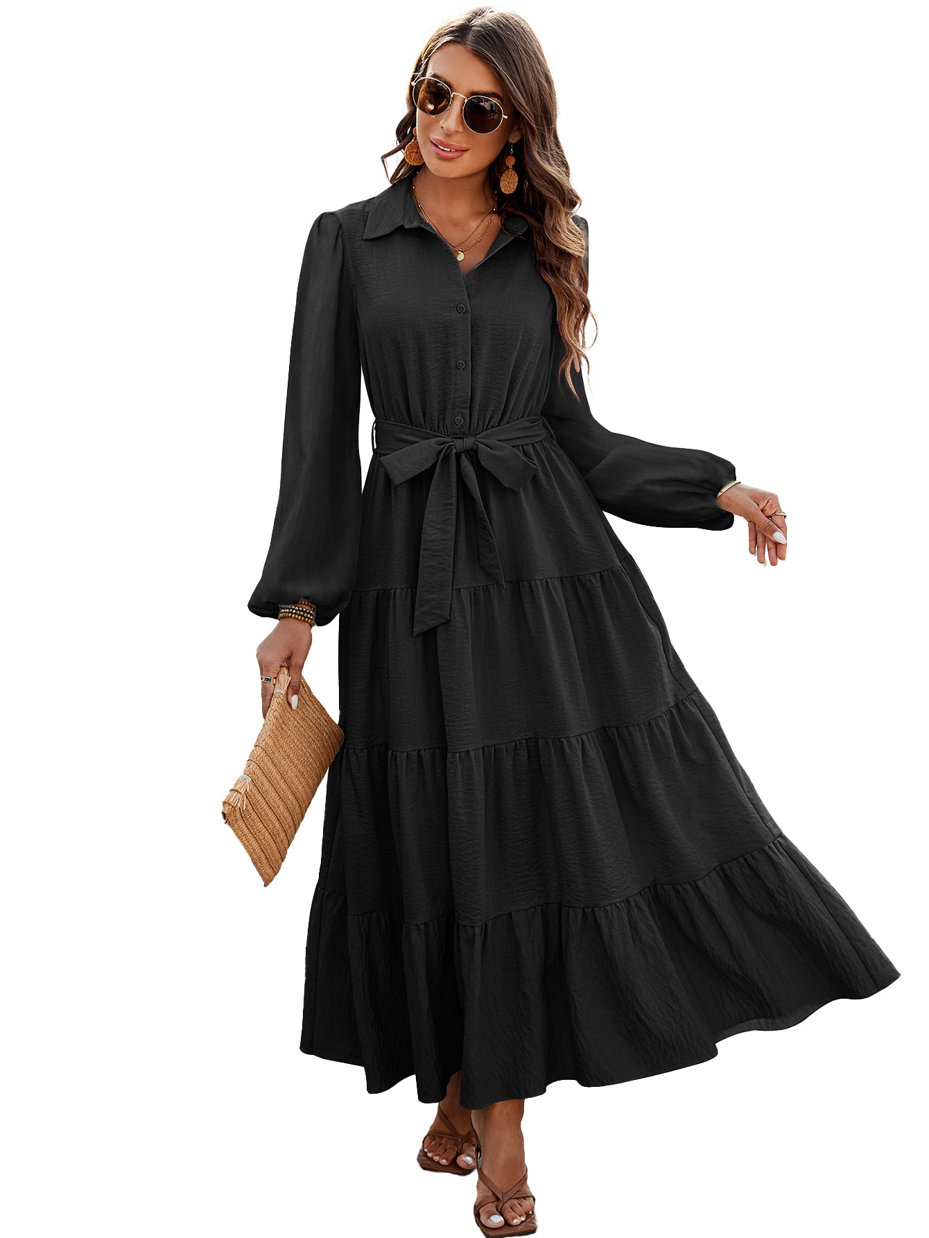 dowerme Women's Long Sleeve Dress 2025 Button Down Belted A-Line Flowy Fall Outfits Ruffle Maxi Holiday Party Dresses