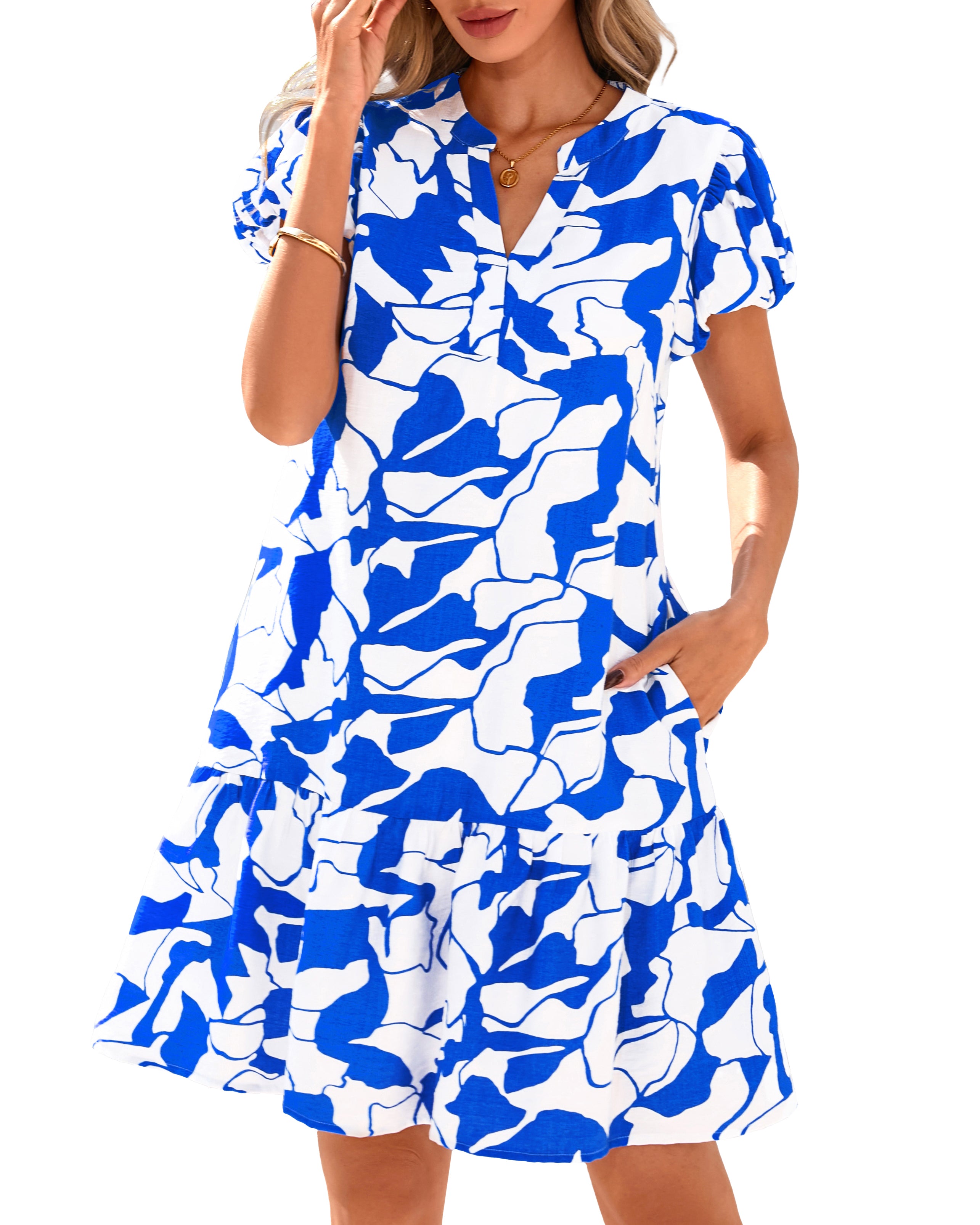 dowerme Womens Summer Dresses 2025 Puffy Sleeve V Neck Loose Floral Print A Line Boho Mini Babydoll Dress with Pockets