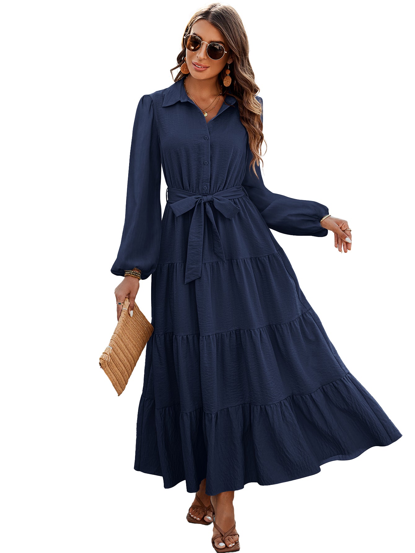 dowerme Women's Long Sleeve Dress 2025 Button Down Belted A-Line Flowy Fall Outfits Ruffle Maxi Holiday Party Dresses