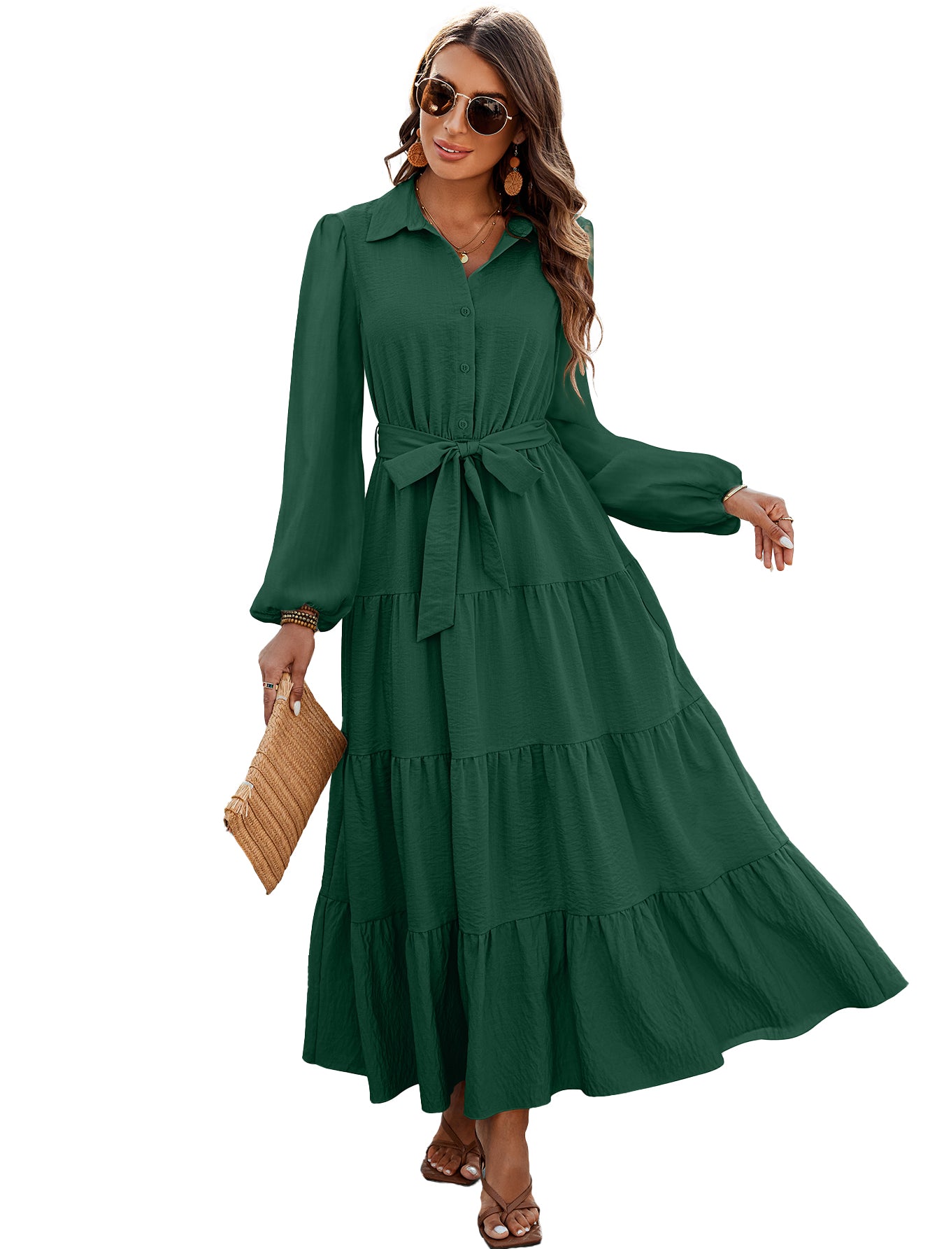 dowerme Women's Long Sleeve Dress 2025 Button Down Belted A-Line Flowy Fall Outfits Ruffle Maxi Holiday Party Dresses