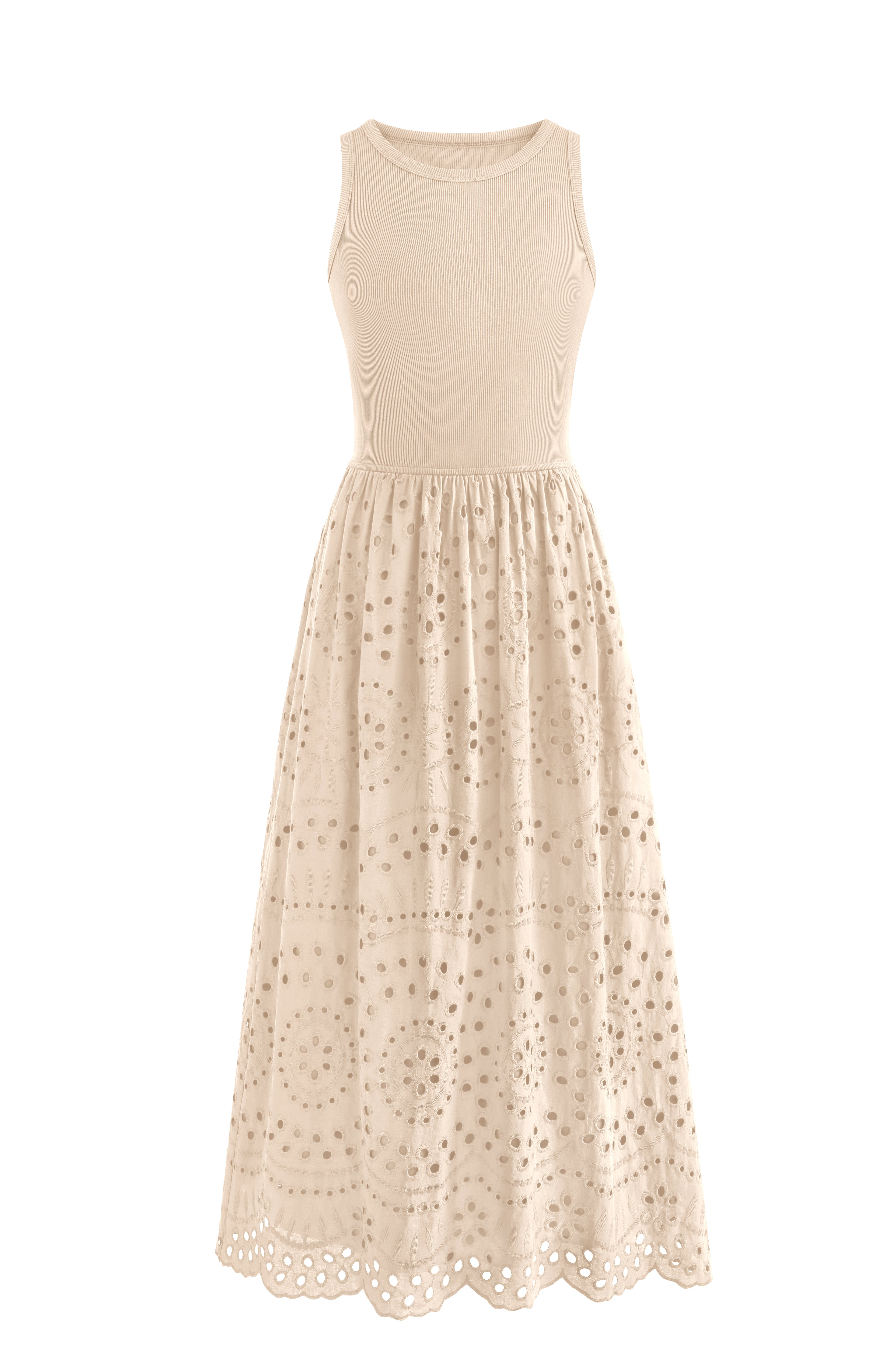 dowerme Women Summer Dresses 2025 Casual Sleeveless Crewneck A-Line Boho Lace Eyelet Cotton Tank Maxi Dress with Pockets