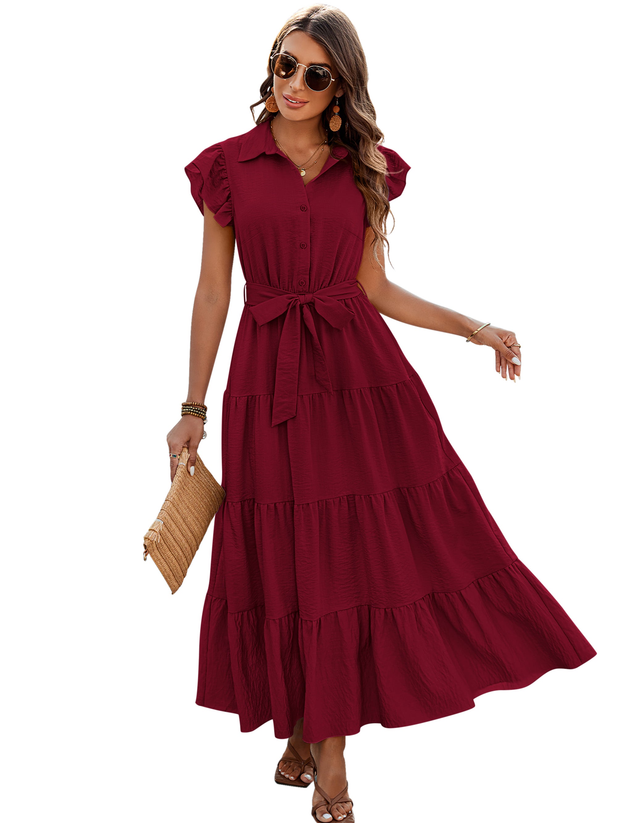 dowerme Women's Summer Casual Dresses 2025 Cap Ruffle Sleeve V Neck Button Belted Tiered Boho Maxi Dress with Pockets