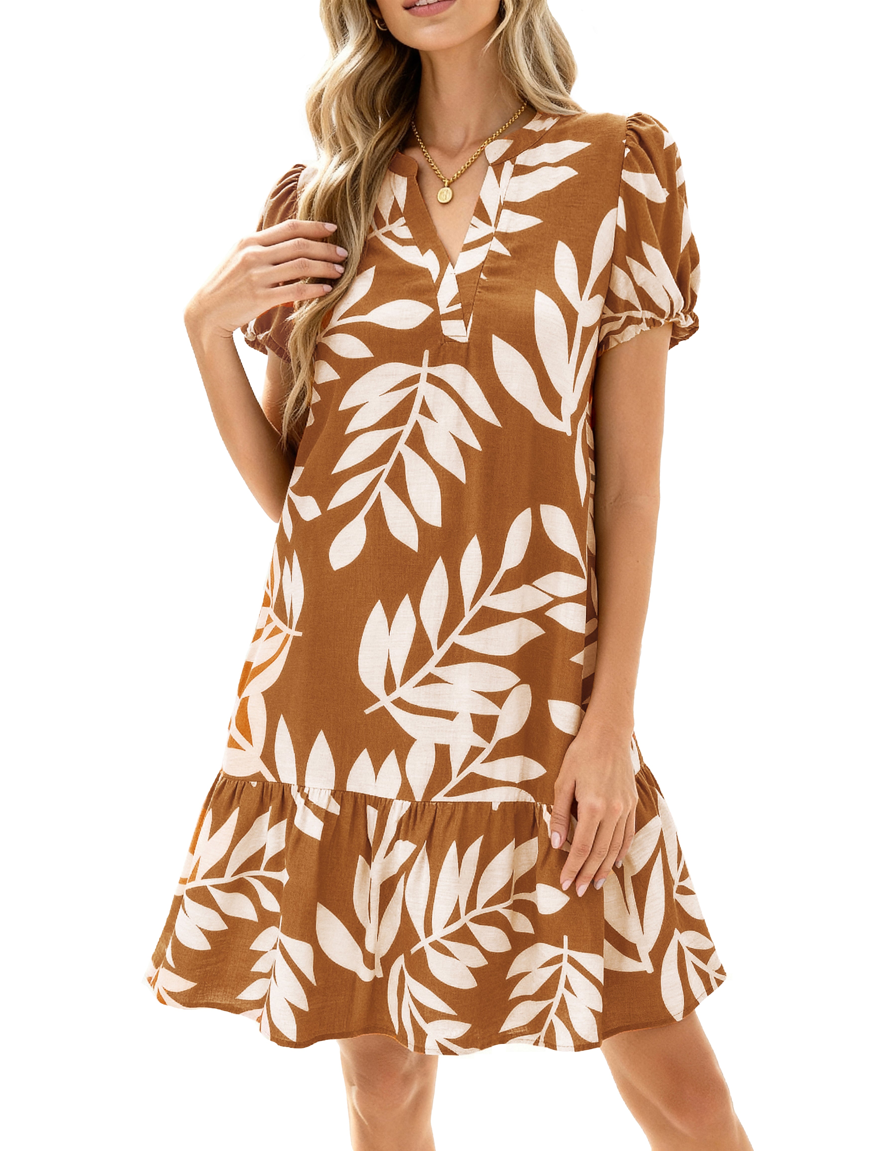 dowerme Womens Summer Dresses 2025 Puffy Sleeve V Neck Loose Floral Print A Line Boho Mini Babydoll Dress with Pockets