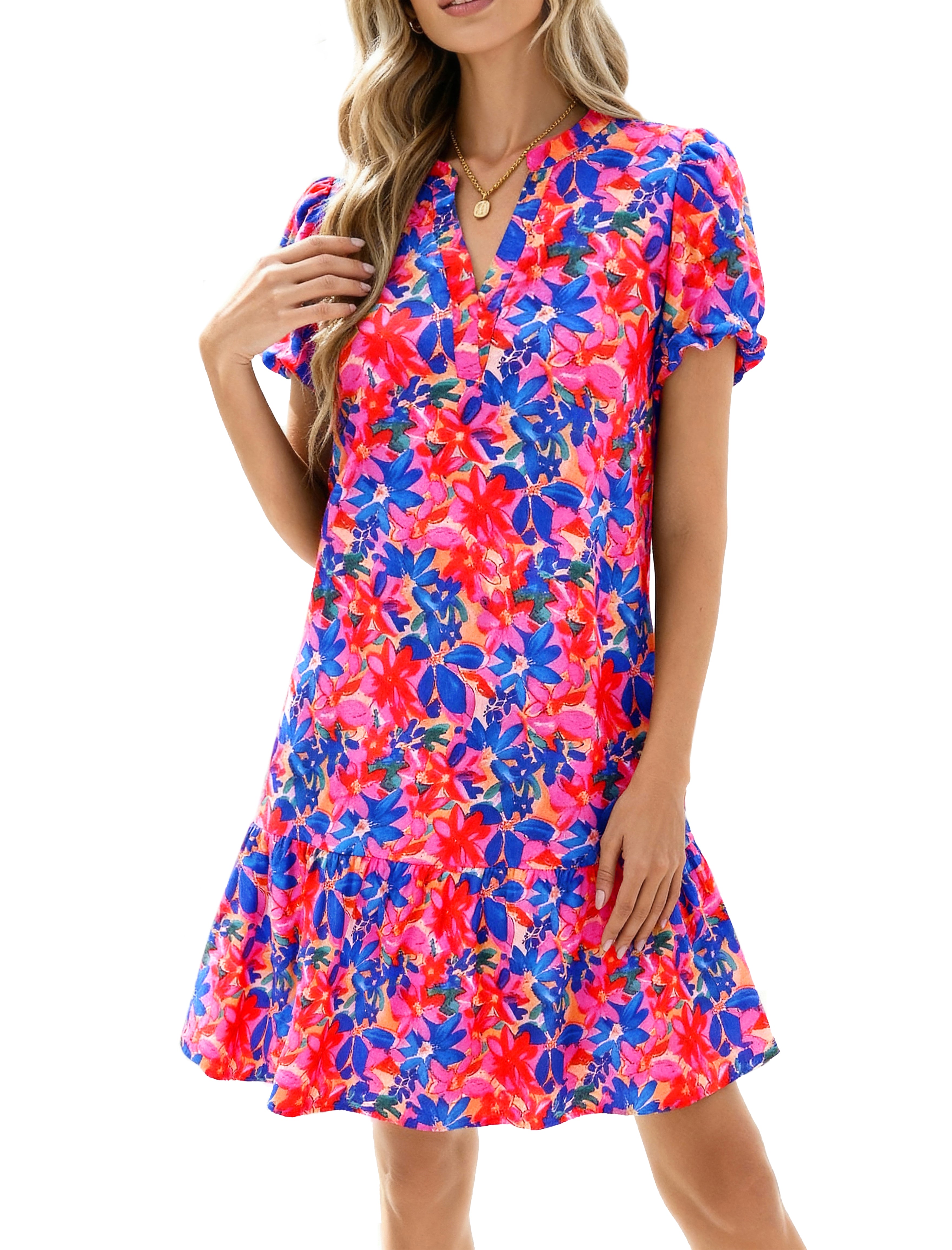 dowerme Womens Summer Dresses 2025 Puffy Sleeve V Neck Loose Floral Print A Line Boho Mini Babydoll Dress with Pockets