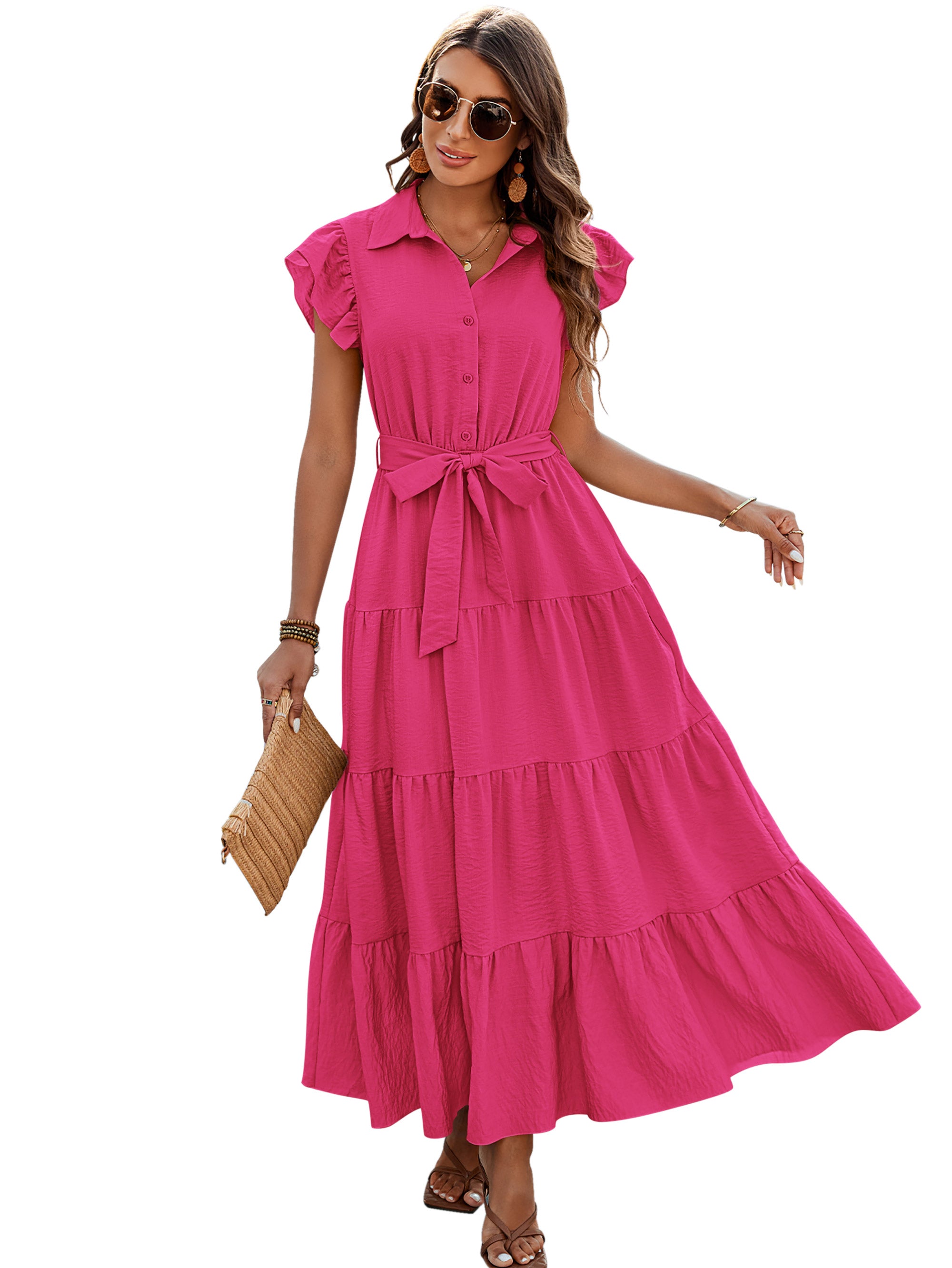 dowerme Women's Summer Casual Dresses 2025 Cap Ruffle Sleeve V Neck Button Belted Tiered Boho Maxi Dress with Pockets