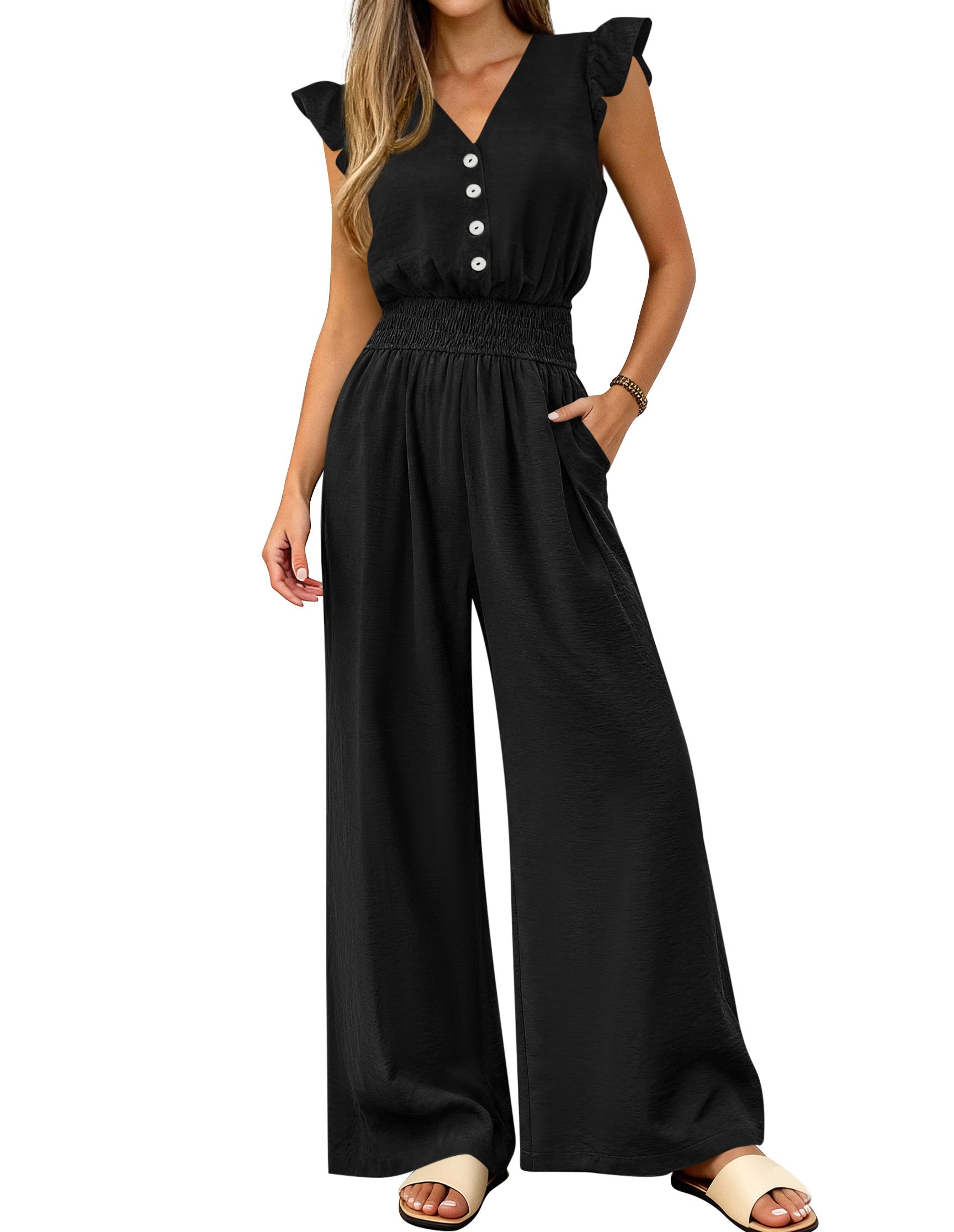 dowerme Women's Jumpsuits Dressy Casual 2026 Summer Ruffle Cap Sleeve V Neck Button Smocked Rompers Wide Leg Overalls