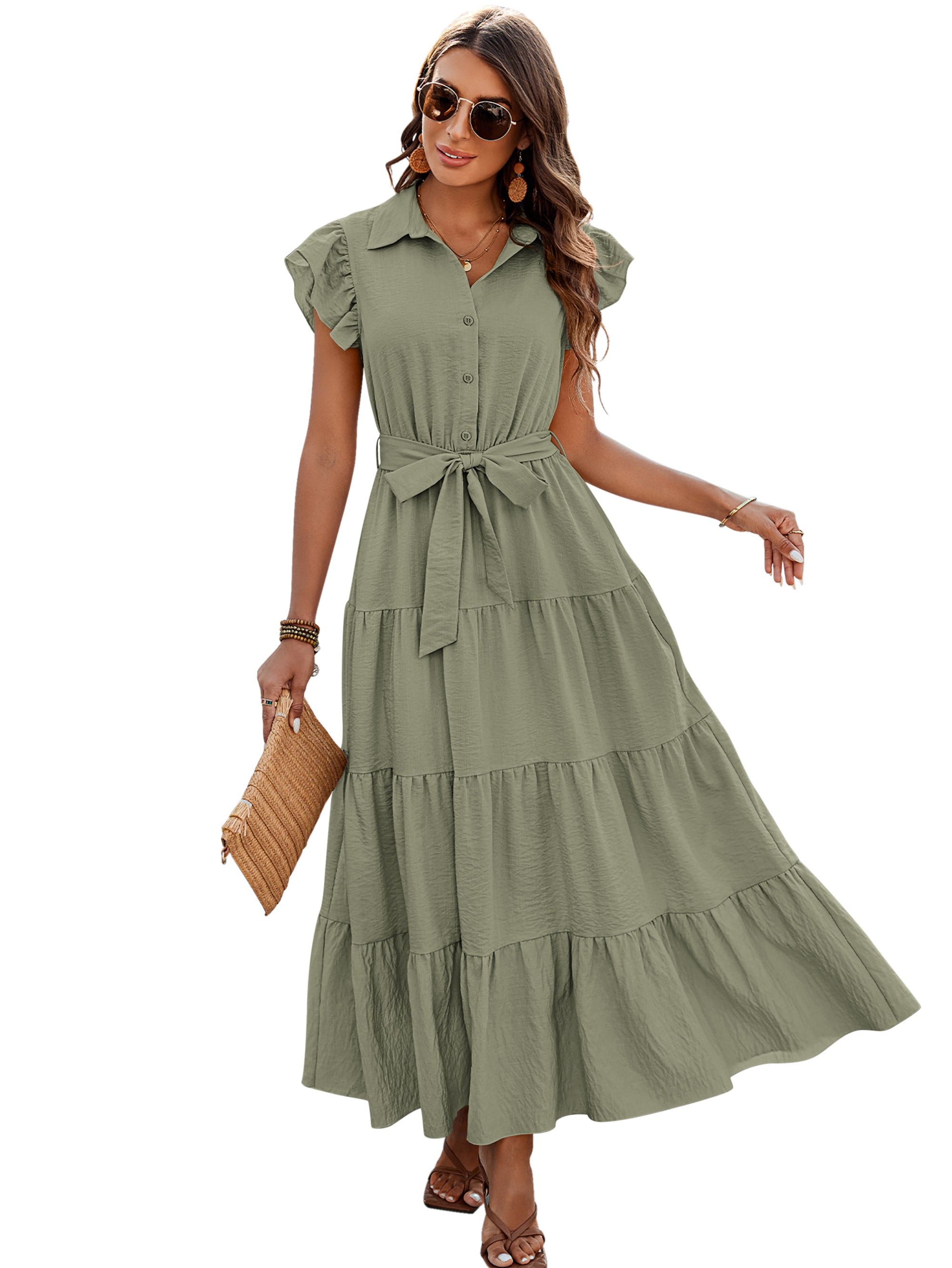 dowerme Women's Summer Casual Dresses 2025 Cap Ruffle Sleeve V Neck Button Belted Tiered Boho Maxi Dress with Pockets