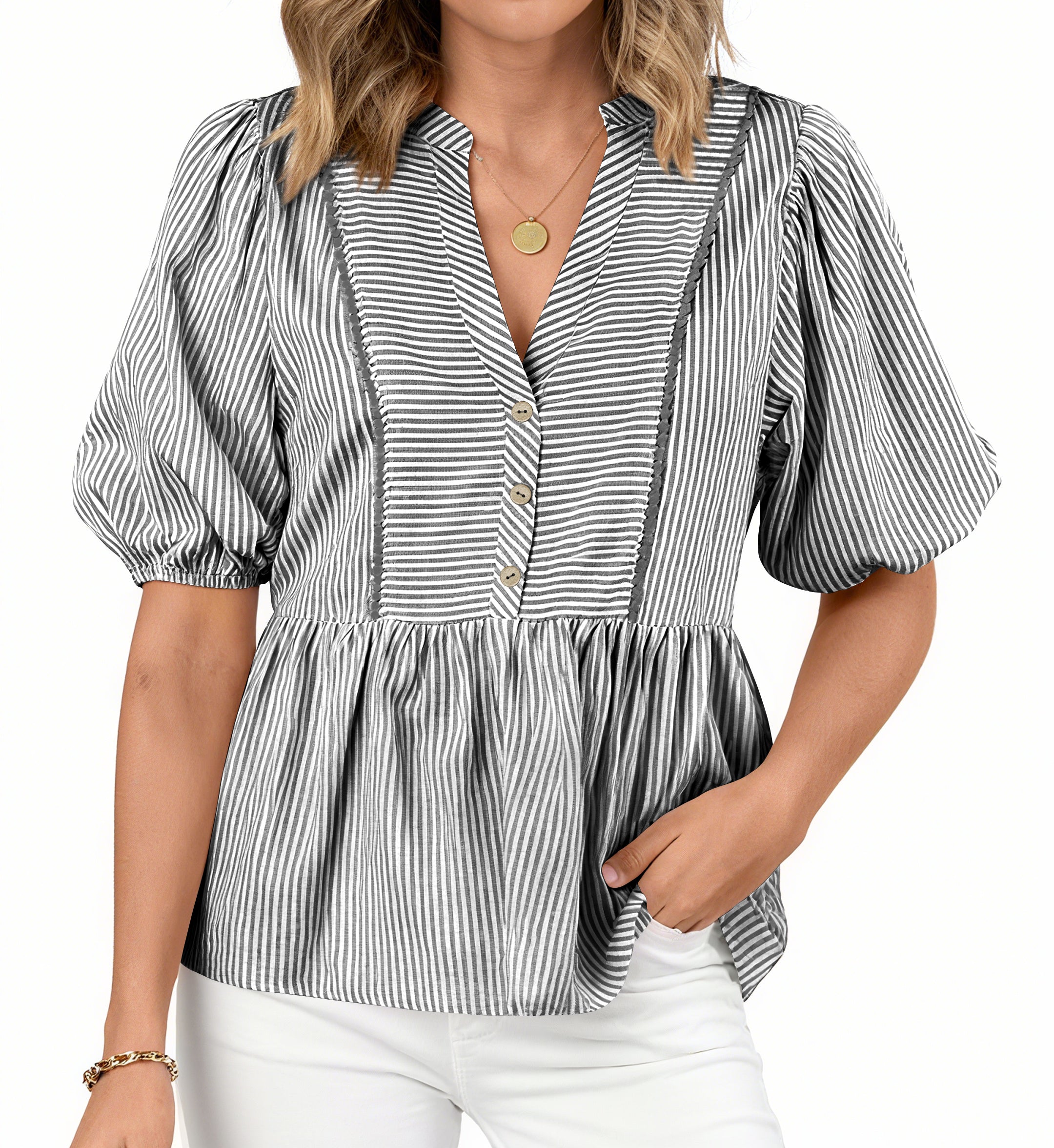 dowerme Womens Summer Tops 2026 Fashion Lantern Short Sleeve V Neck Button Peplum Shirts Spring Stripes Babydoll Blouses