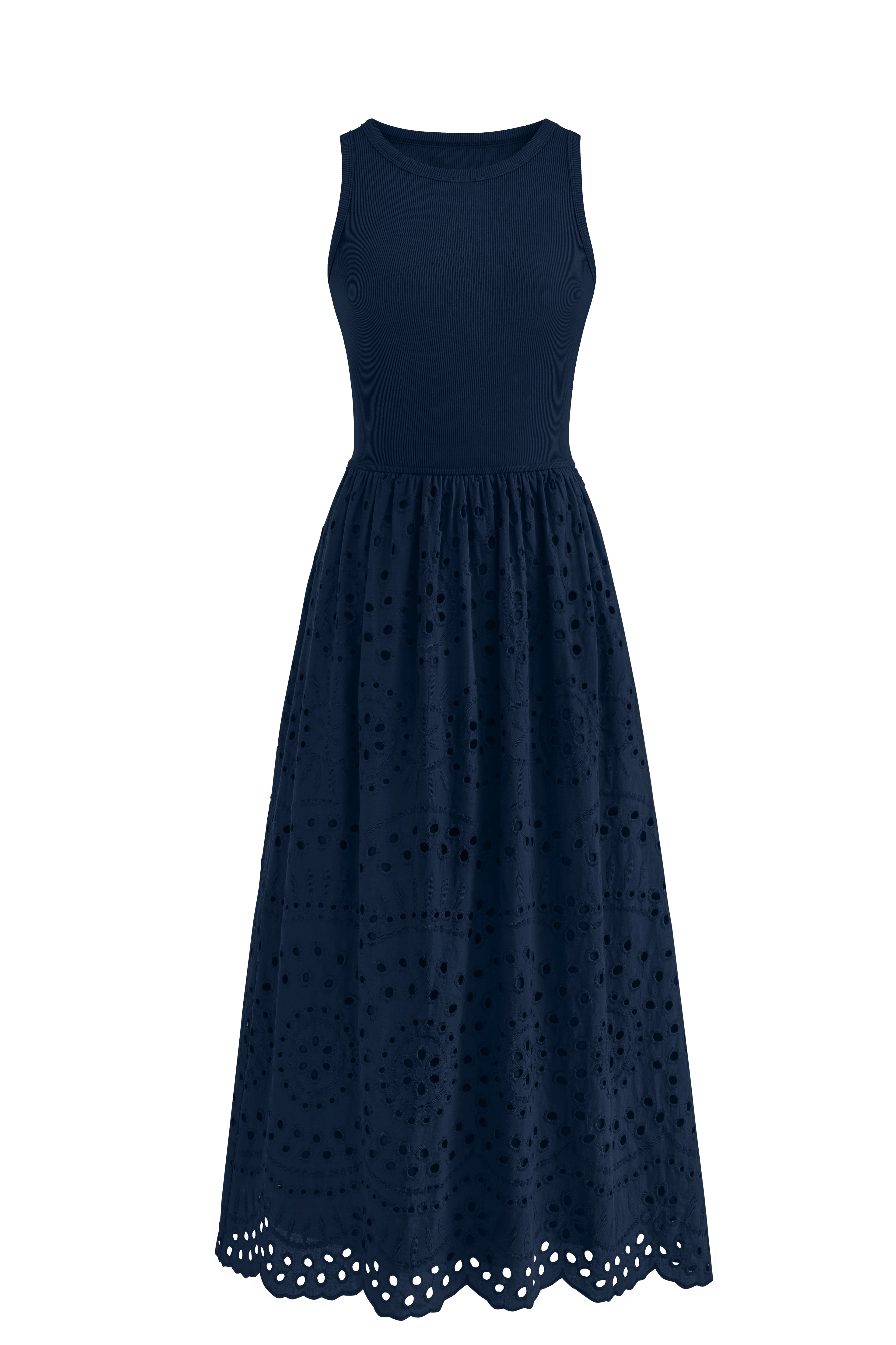 dowerme Women Summer Dresses 2025 Casual Sleeveless Crewneck A-Line Boho Lace Eyelet Cotton Tank Maxi Dress with Pockets