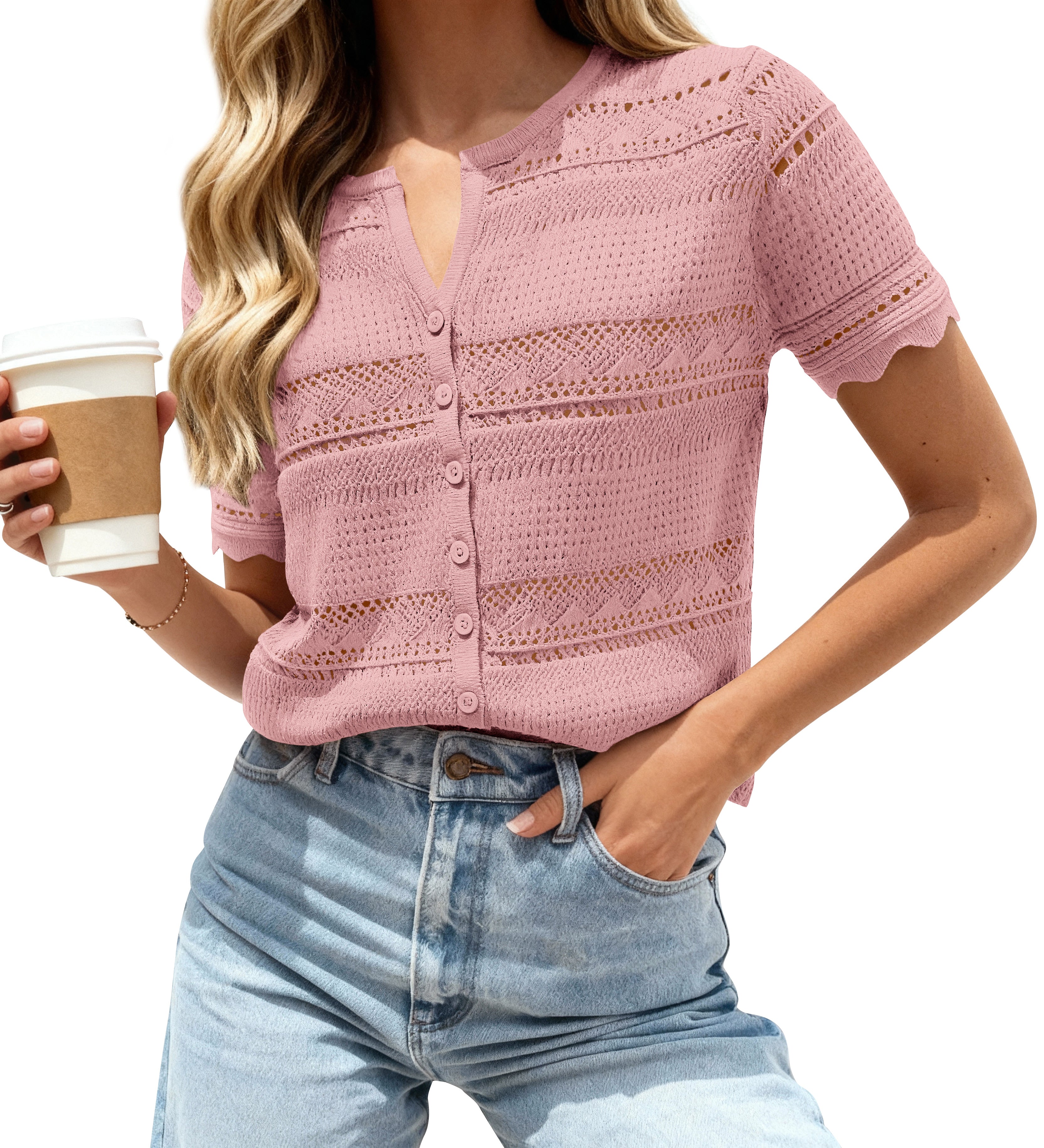 dowerme Women Summer Cardigan Sweaters 2026 Fashion Short Sleeve V Neck Crochet Crop Tops Spring Beach Vacation Clothes