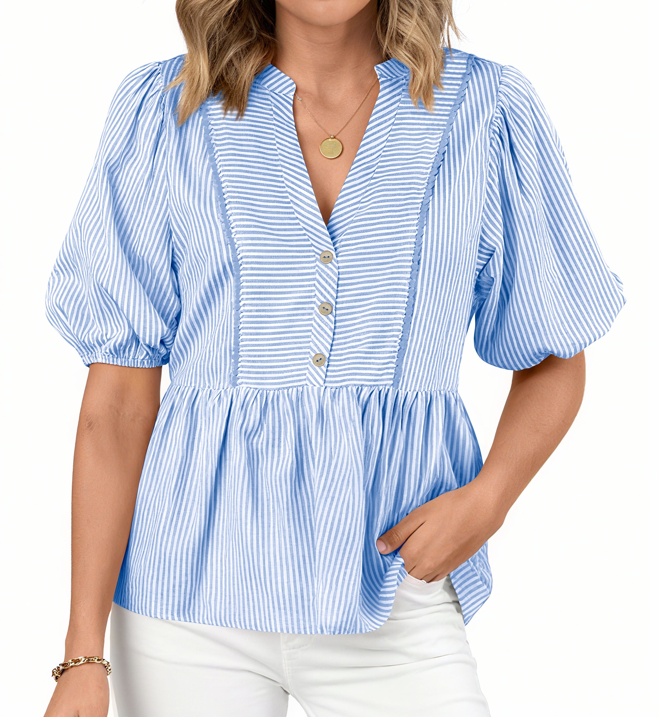 dowerme Womens Summer Tops 2026 Fashion Lantern Short Sleeve V Neck Button Peplum Shirts Spring Stripes Babydoll Blouses