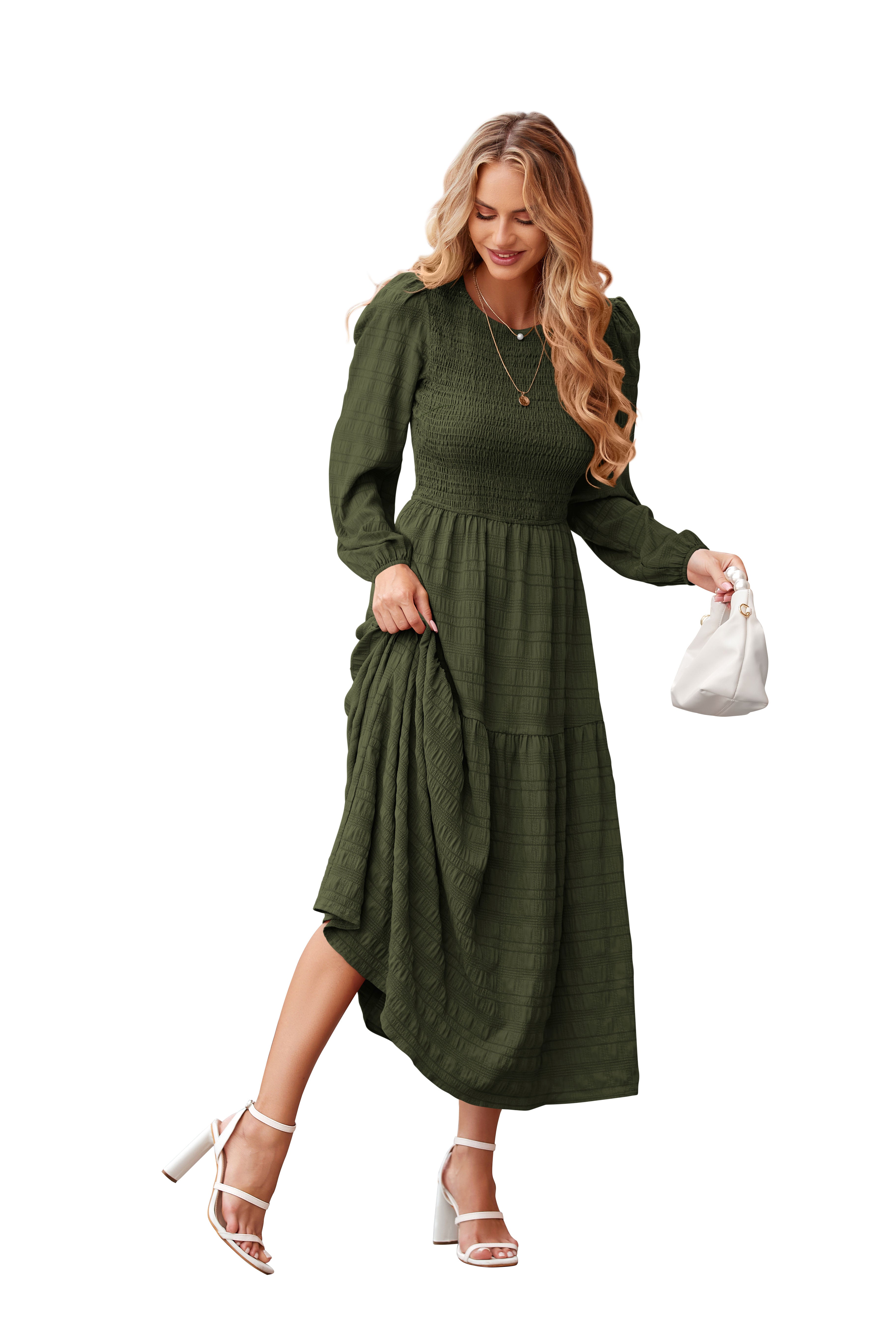 dowerme Women's Dresses 2025 Fall Puff Long Sleeve Crewneck Smocked Tiered Flowy A-Line Boho Wedding Party Maxi Dress