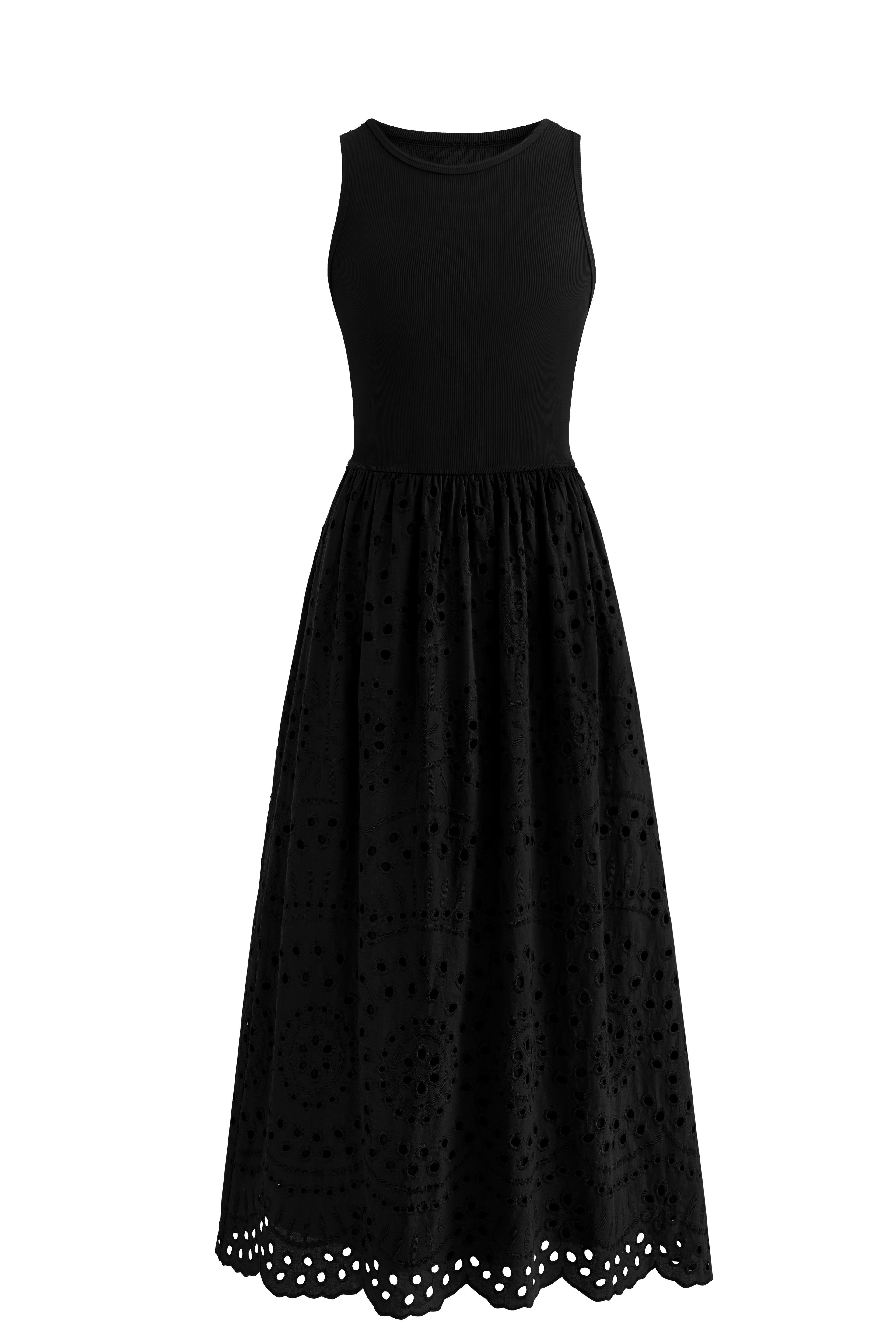 dowerme Women Summer Dresses 2025 Casual Sleeveless Crewneck A-Line Boho Lace Eyelet Cotton Tank Maxi Dress with Pockets