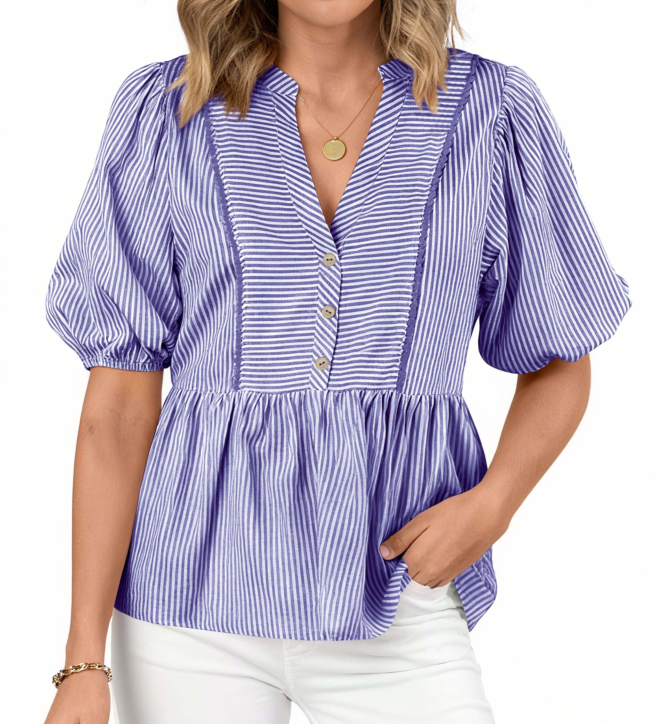 dowerme Womens Summer Tops 2026 Fashion Lantern Short Sleeve V Neck Button Peplum Shirts Spring Stripes Babydoll Blouses