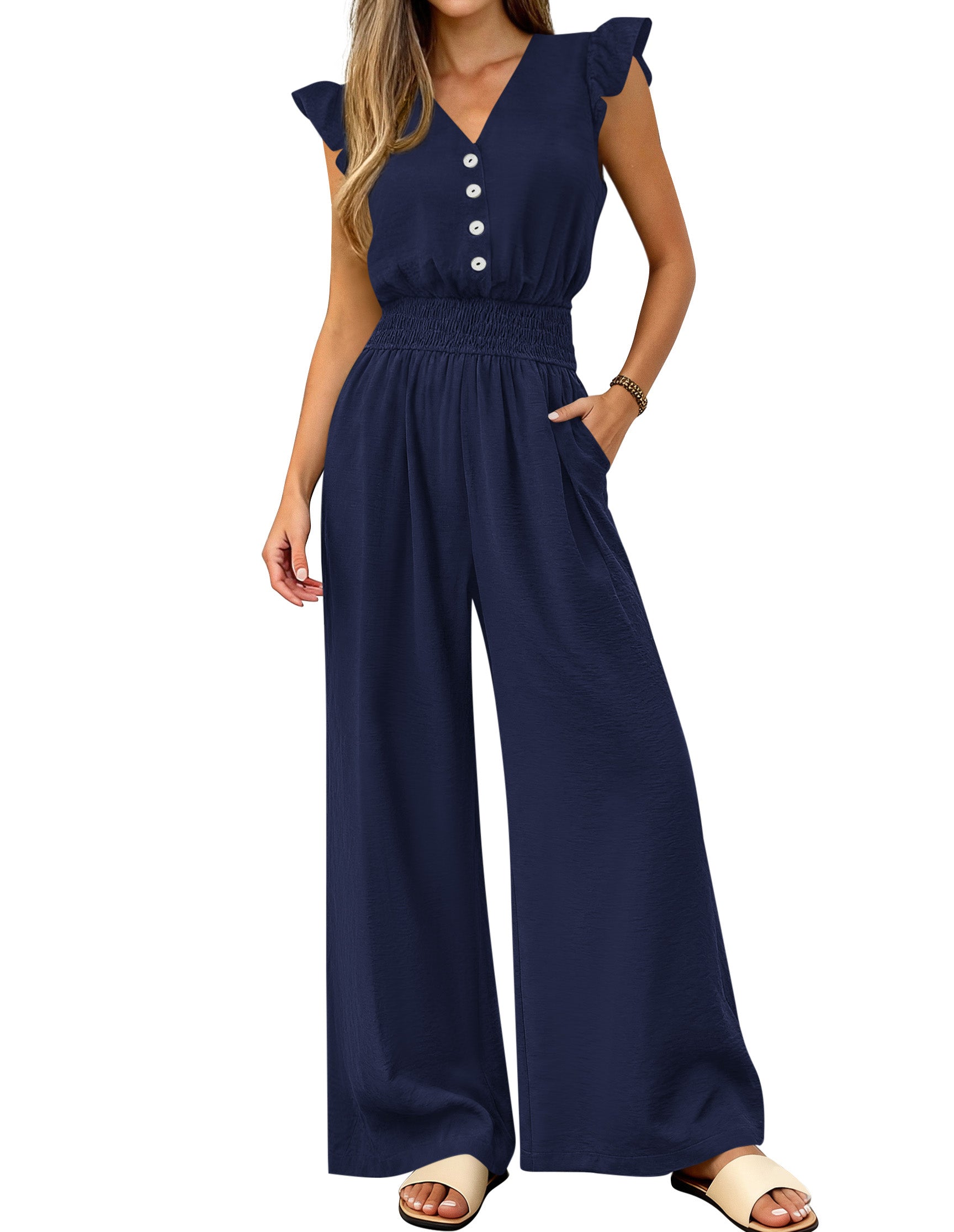 dowerme Women's Jumpsuits Dressy Casual 2026 Summer Ruffle Cap Sleeve V Neck Button Smocked Rompers Wide Leg Overalls