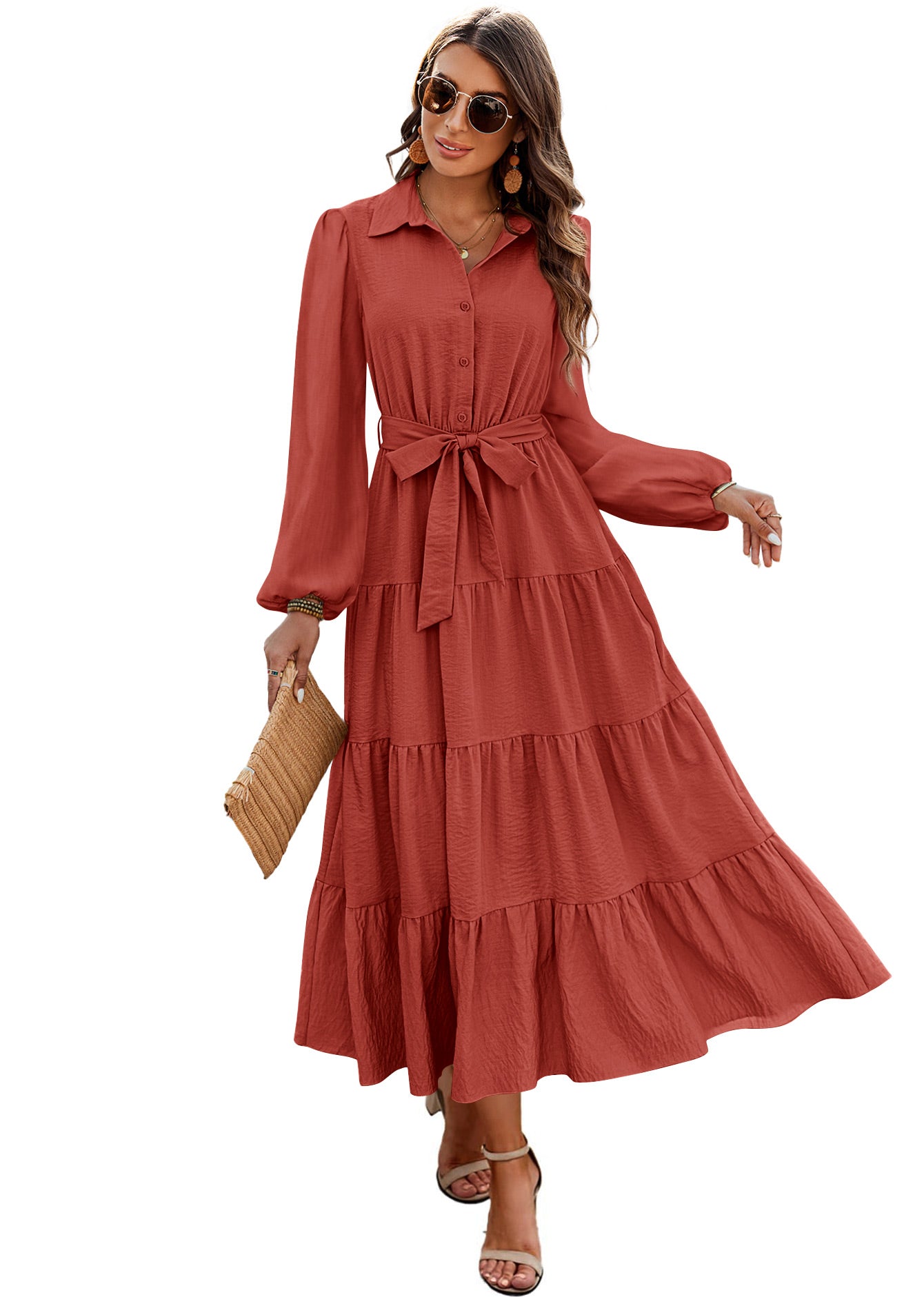 dowerme Women's Long Sleeve Dress 2025 Button Down Belted A-Line Flowy Fall Outfits Ruffle Maxi Holiday Party Dresses