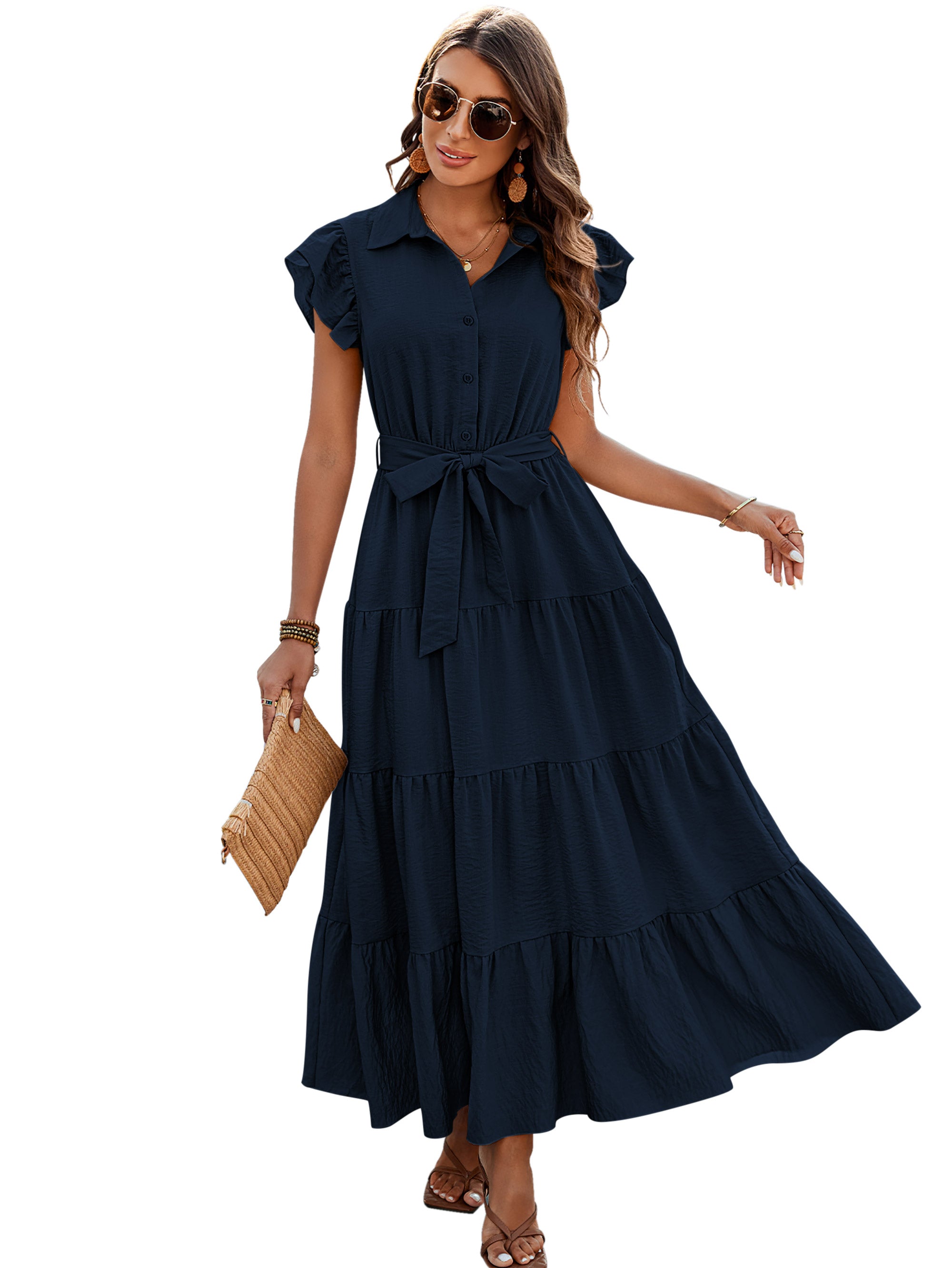 dowerme Women's Summer Casual Dresses 2025 Cap Ruffle Sleeve V Neck Button Belted Tiered Boho Maxi Dress with Pockets