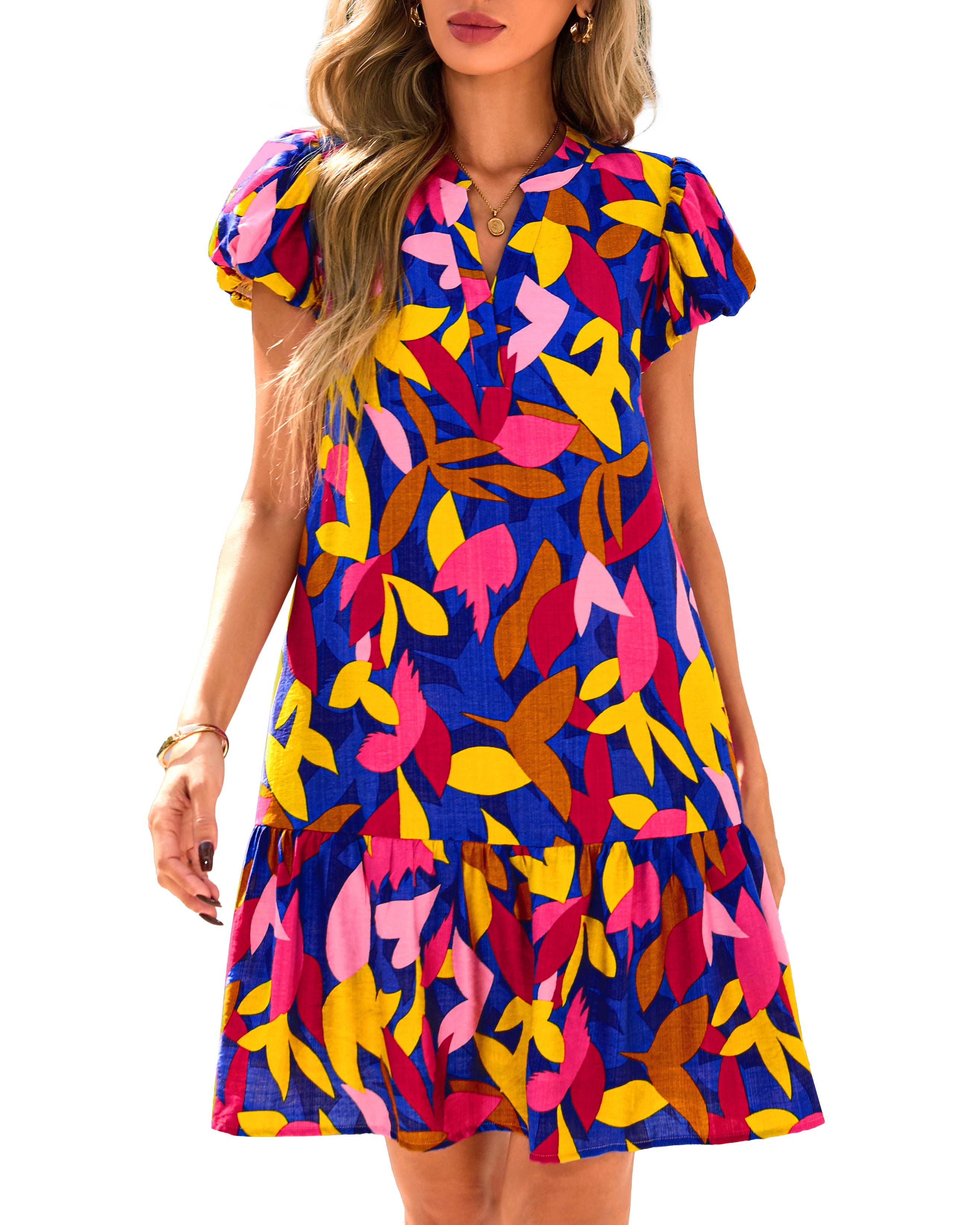 dowerme Womens Summer Dresses 2025 Puffy Sleeve V Neck Loose Floral Print A Line Boho Mini Babydoll Dress with Pockets