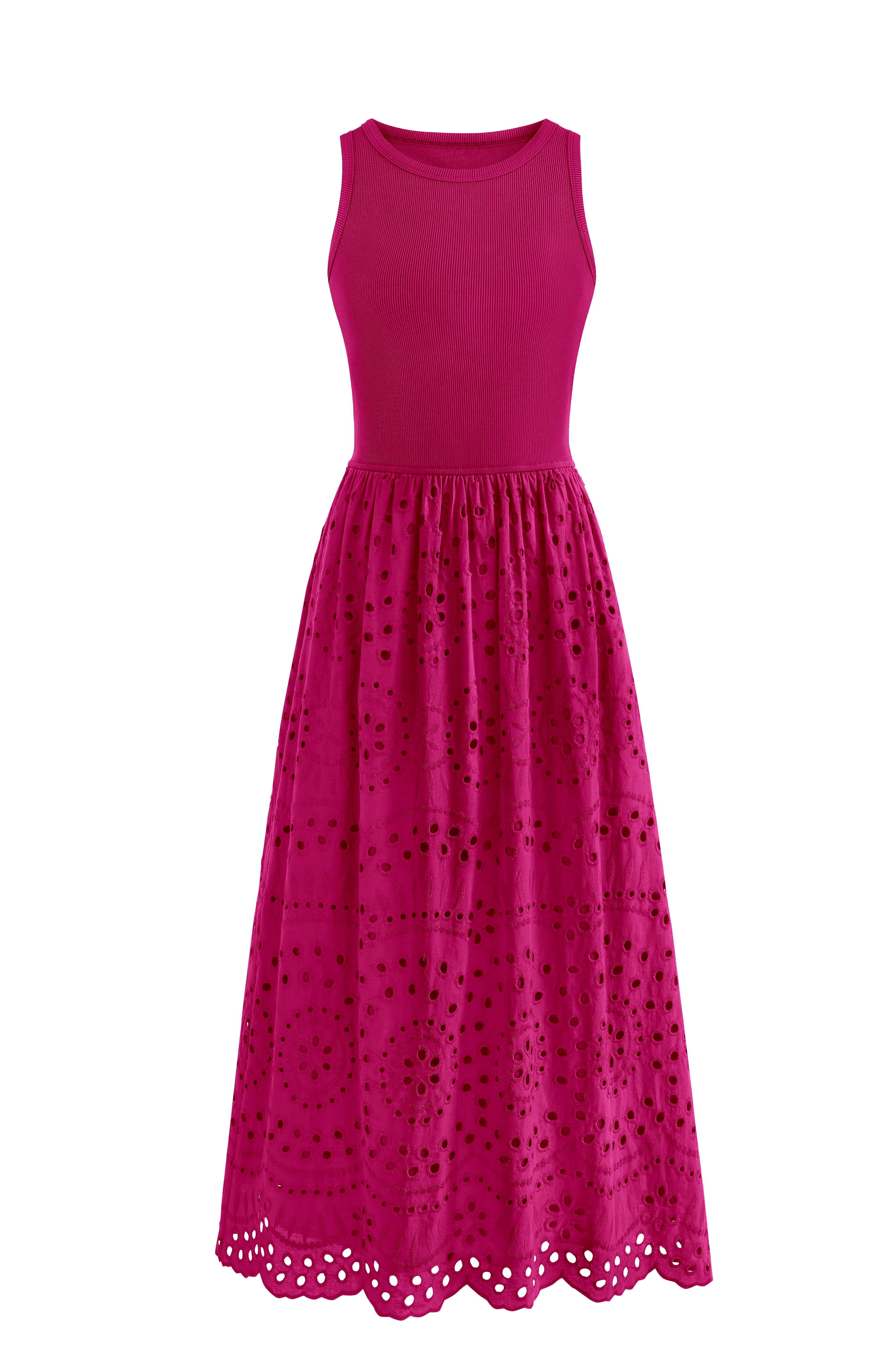 dowerme Women Summer Dresses 2025 Casual Sleeveless Crewneck A-Line Boho Lace Eyelet Cotton Tank Maxi Dress with Pockets