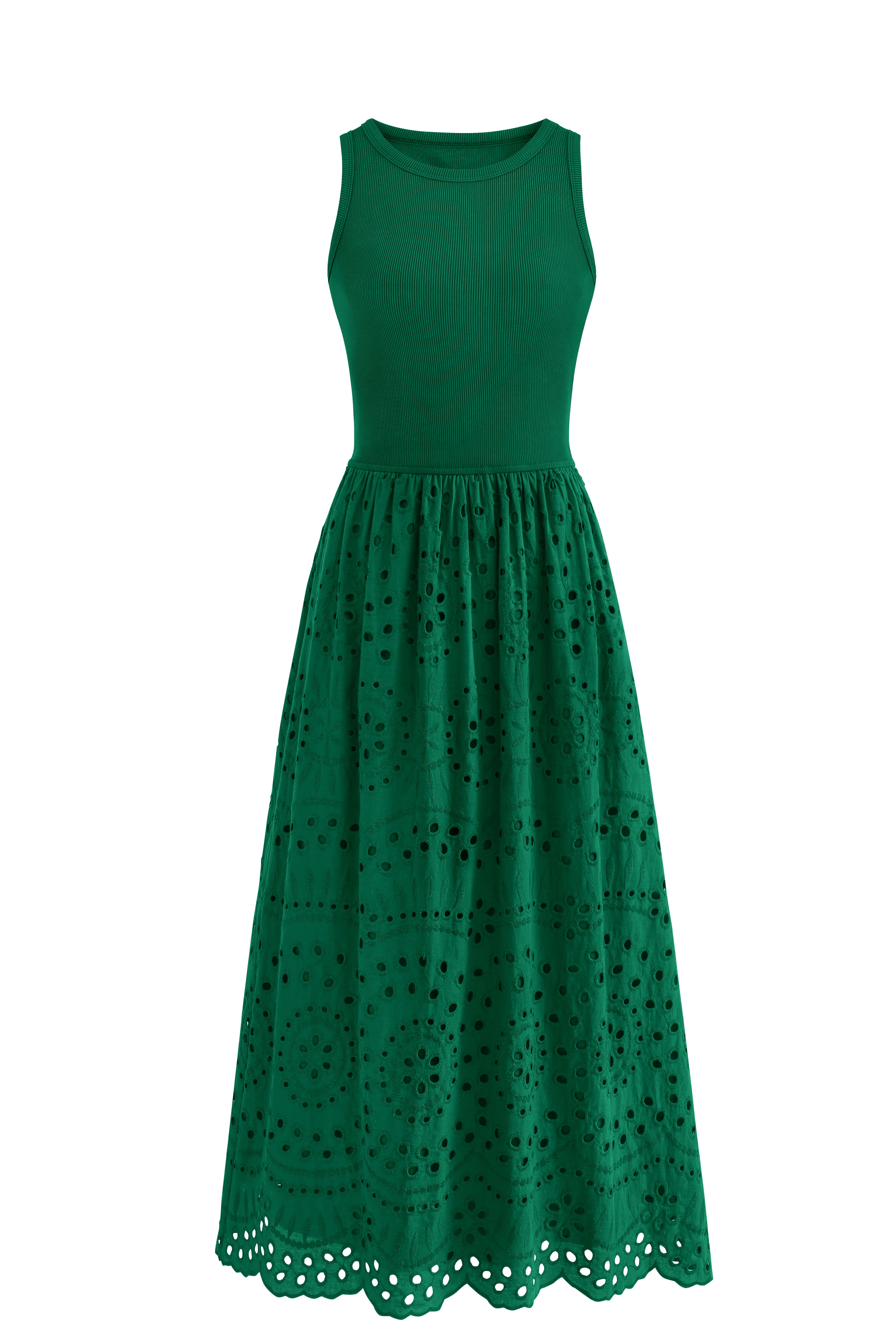 dowerme Women Summer Dresses 2025 Casual Sleeveless Crewneck A-Line Boho Lace Eyelet Cotton Tank Maxi Dress with Pockets