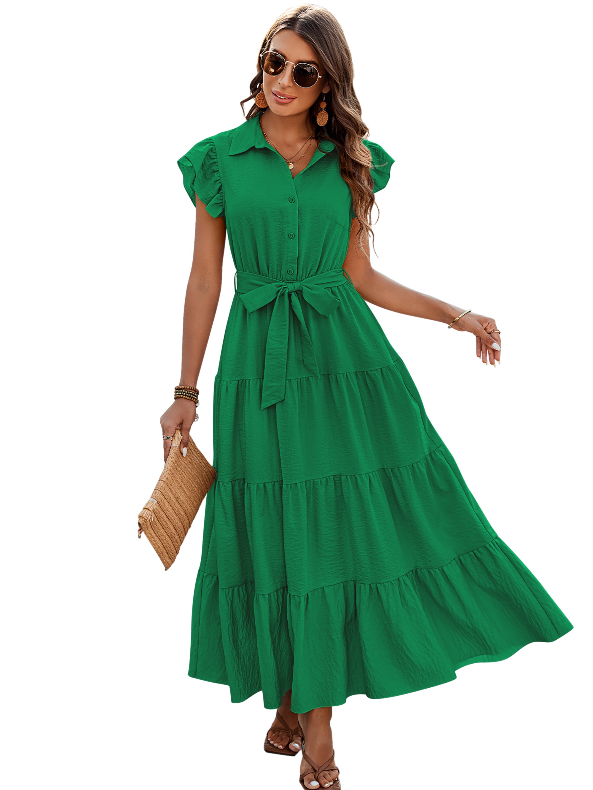 dowerme Women's Summer Casual Dresses 2025 Cap Ruffle Sleeve V Neck Button Belted Tiered Boho Maxi Dress with Pockets