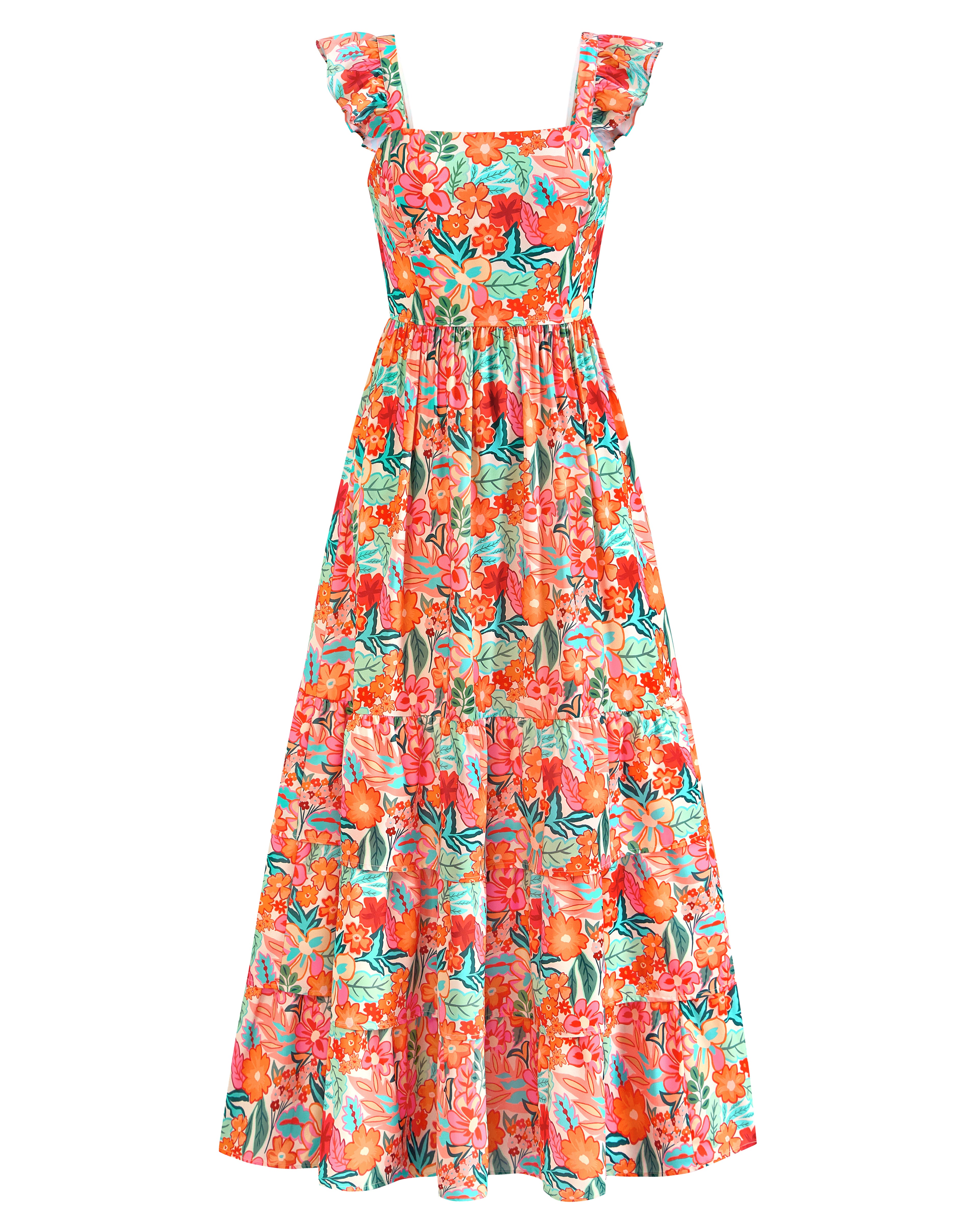 dowerme Summer Dresses for Women 2025 Casual Ruffle Smocked Tiered A-Line Boho Floral Maxi Beach Sun Dress with Pockets