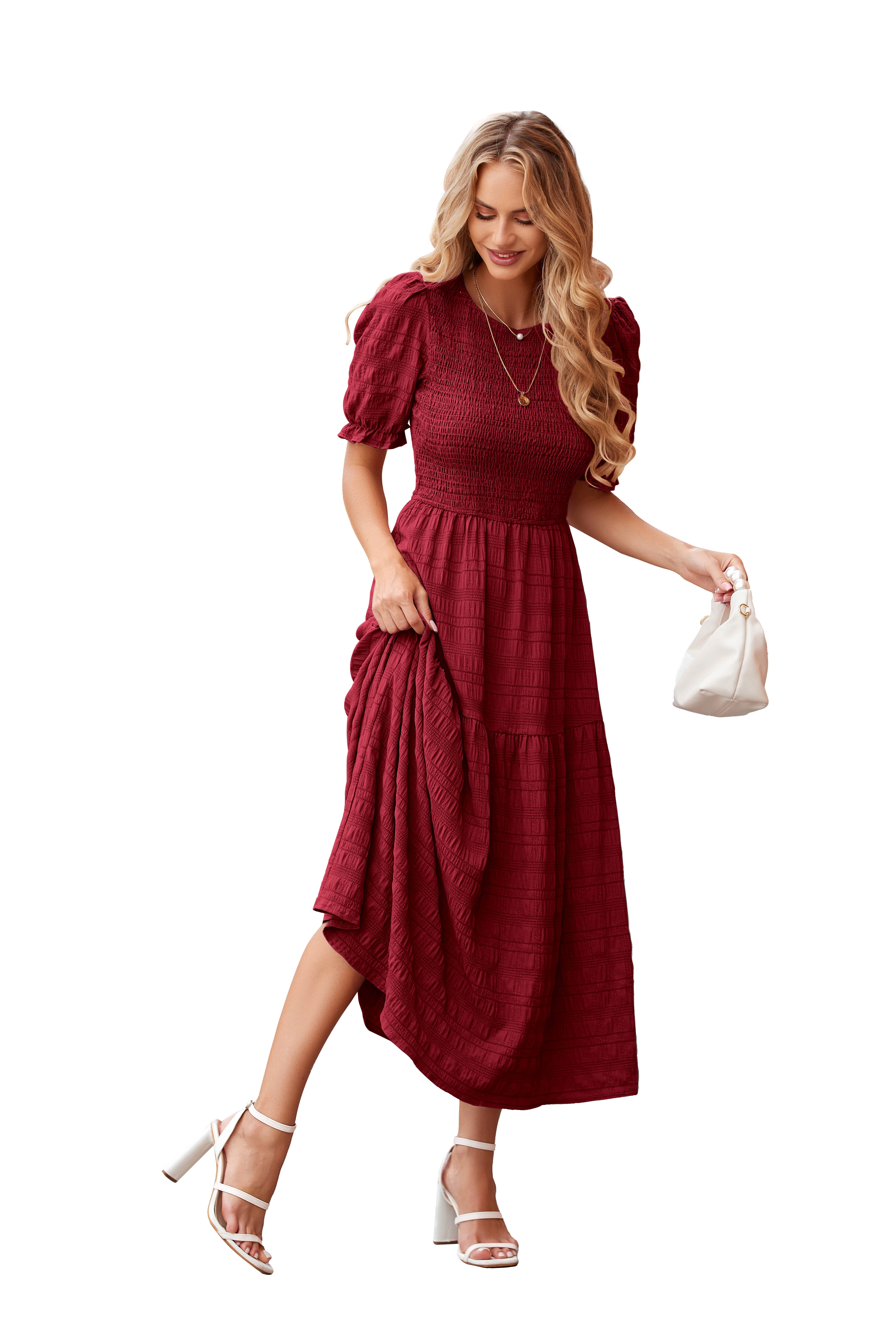 dowerme Womens Summer Dresses 2025 Casual Puff Short Sleeve Crewneck Smocked Flowy Ruffle Boho Beach Party Maxi Sundress