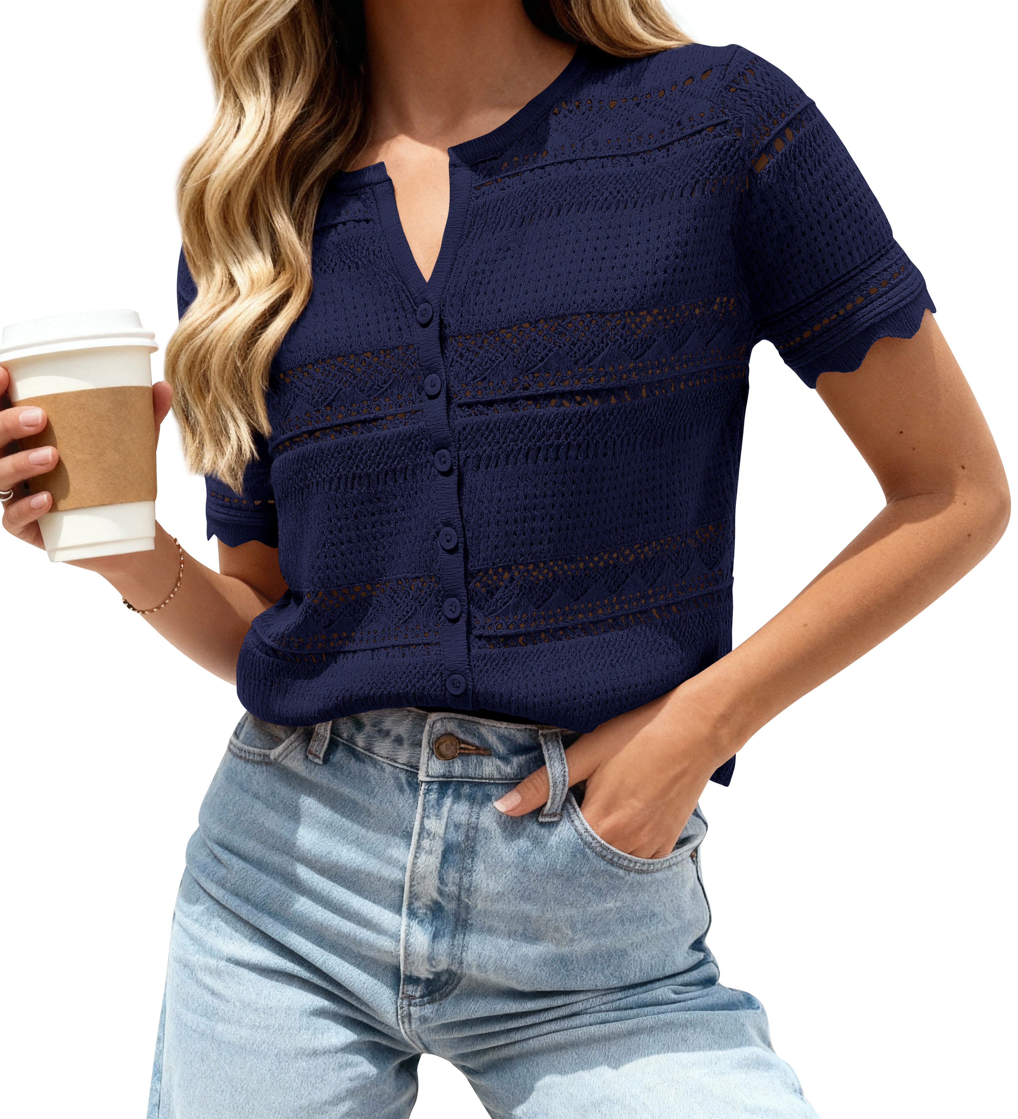 dowerme Women Summer Cardigan Sweaters 2026 Fashion Short Sleeve V Neck Crochet Crop Tops Spring Beach Vacation Clothes