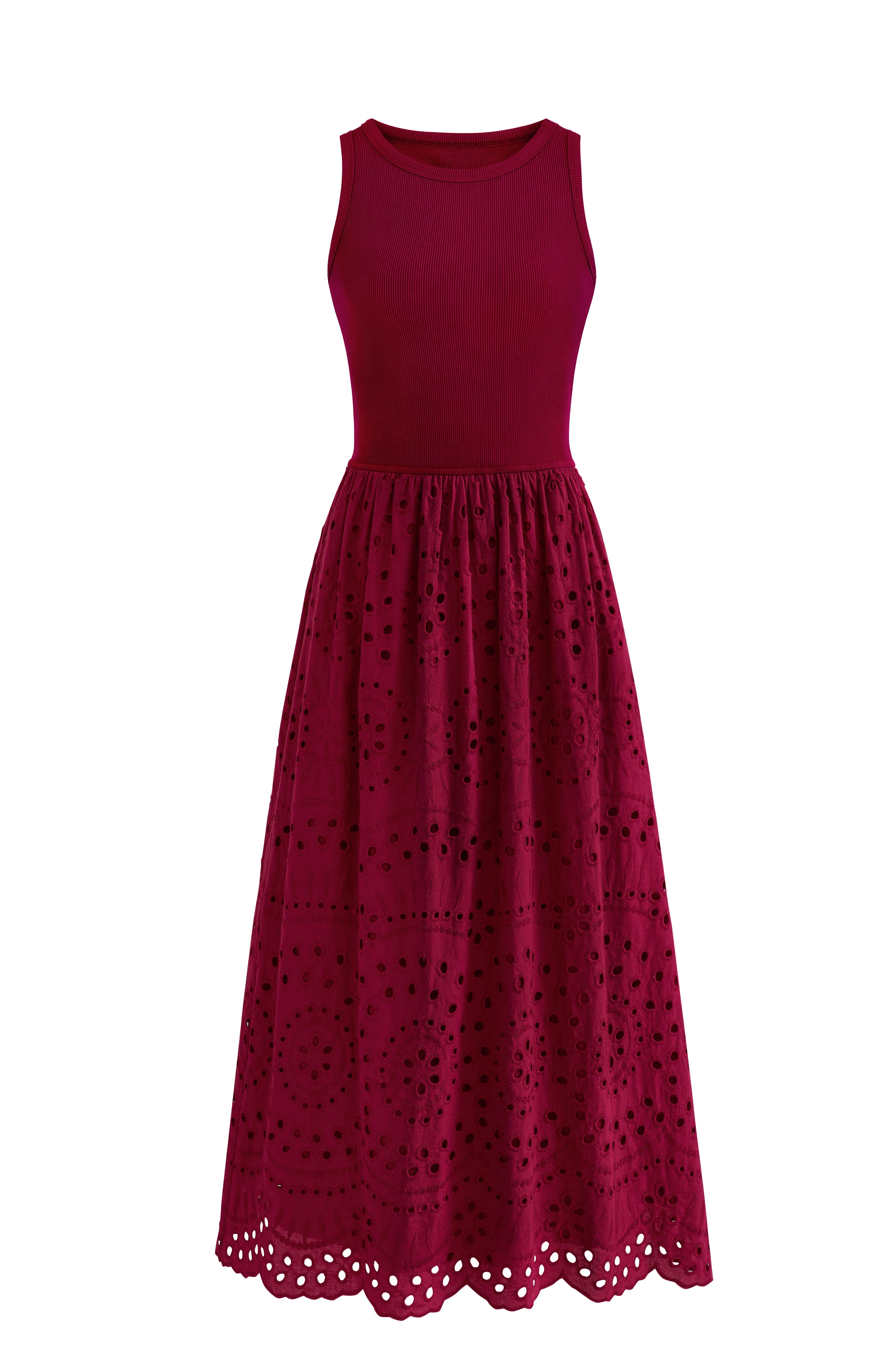 dowerme Women Summer Dresses 2025 Casual Sleeveless Crewneck A-Line Boho Lace Eyelet Cotton Tank Maxi Dress with Pockets