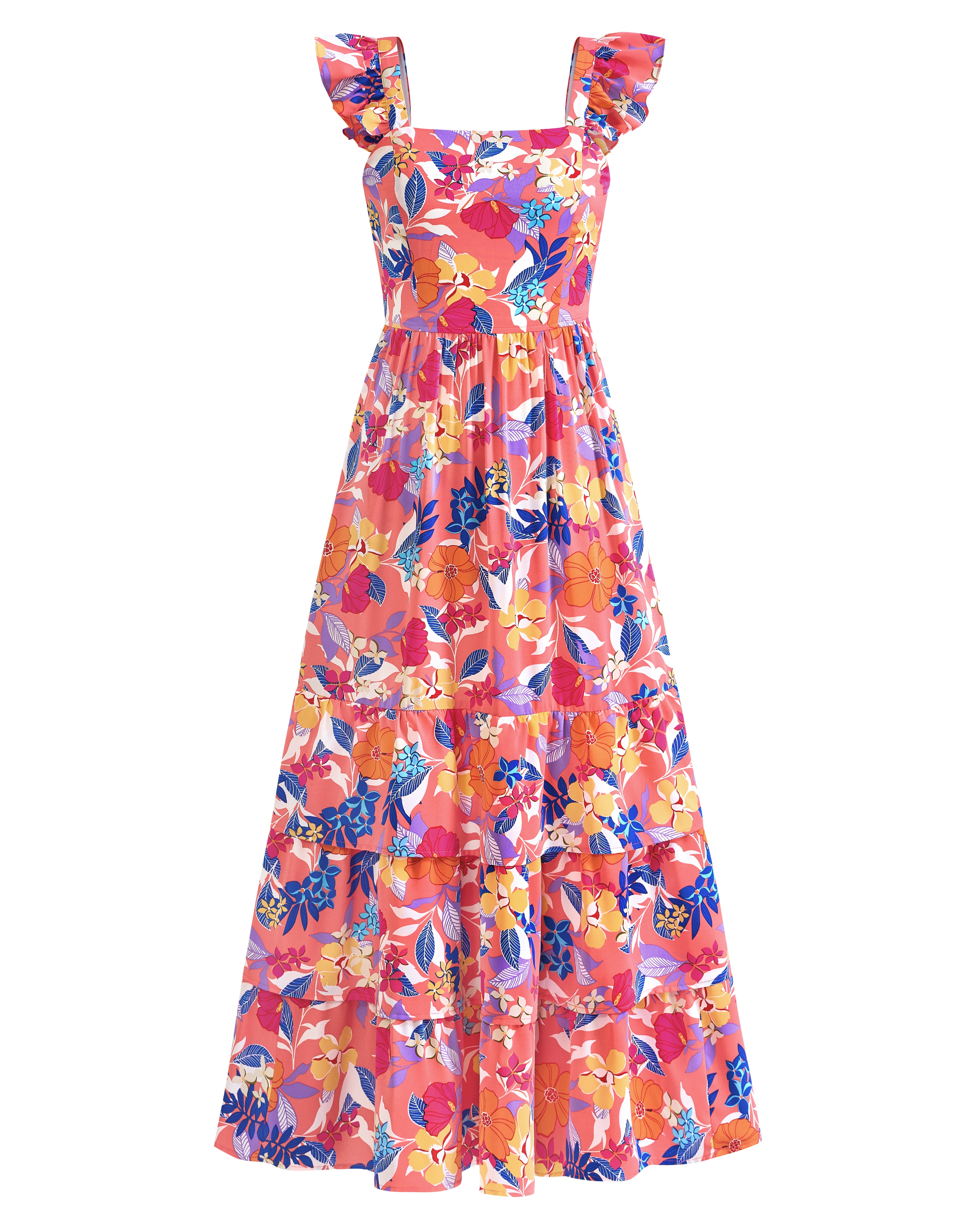 dowerme Summer Dresses for Women 2025 Casual Ruffle Smocked Tiered A-Line Boho Floral Maxi Beach Sun Dress with Pockets