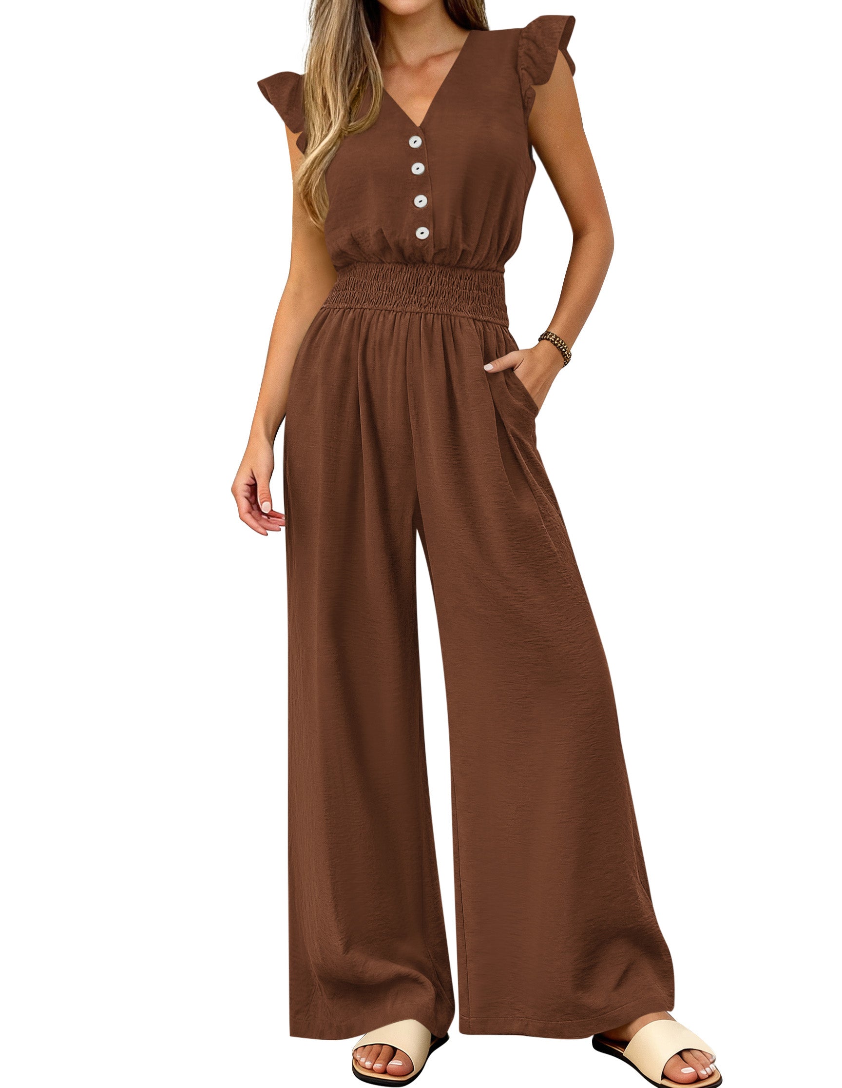 dowerme Women's Jumpsuits Dressy Casual 2026 Summer Ruffle Cap Sleeve V Neck Button Smocked Rompers Wide Leg Overalls