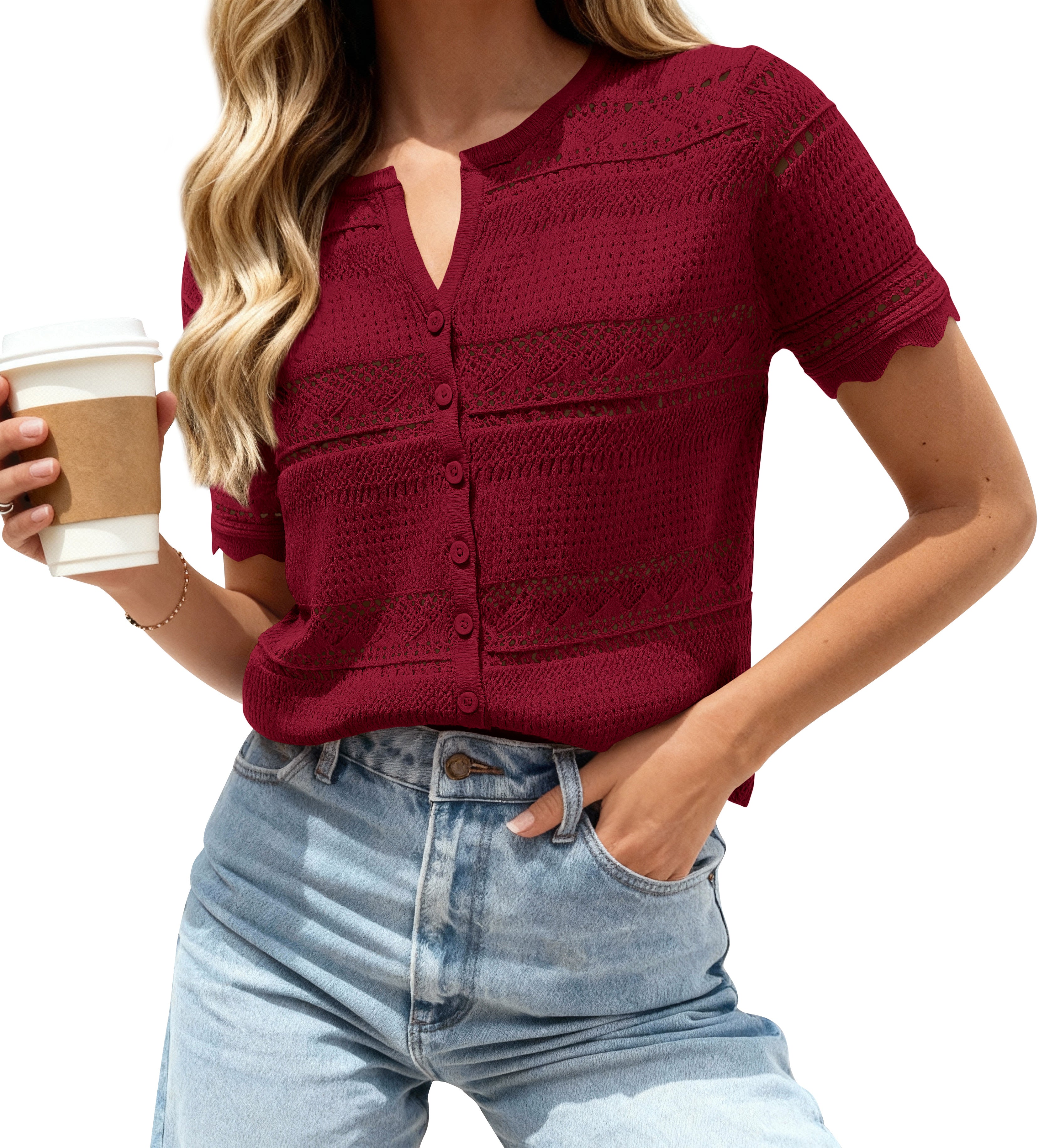 dowerme Women Summer Cardigan Sweaters 2026 Fashion Short Sleeve V Neck Crochet Crop Tops Spring Beach Vacation Clothes