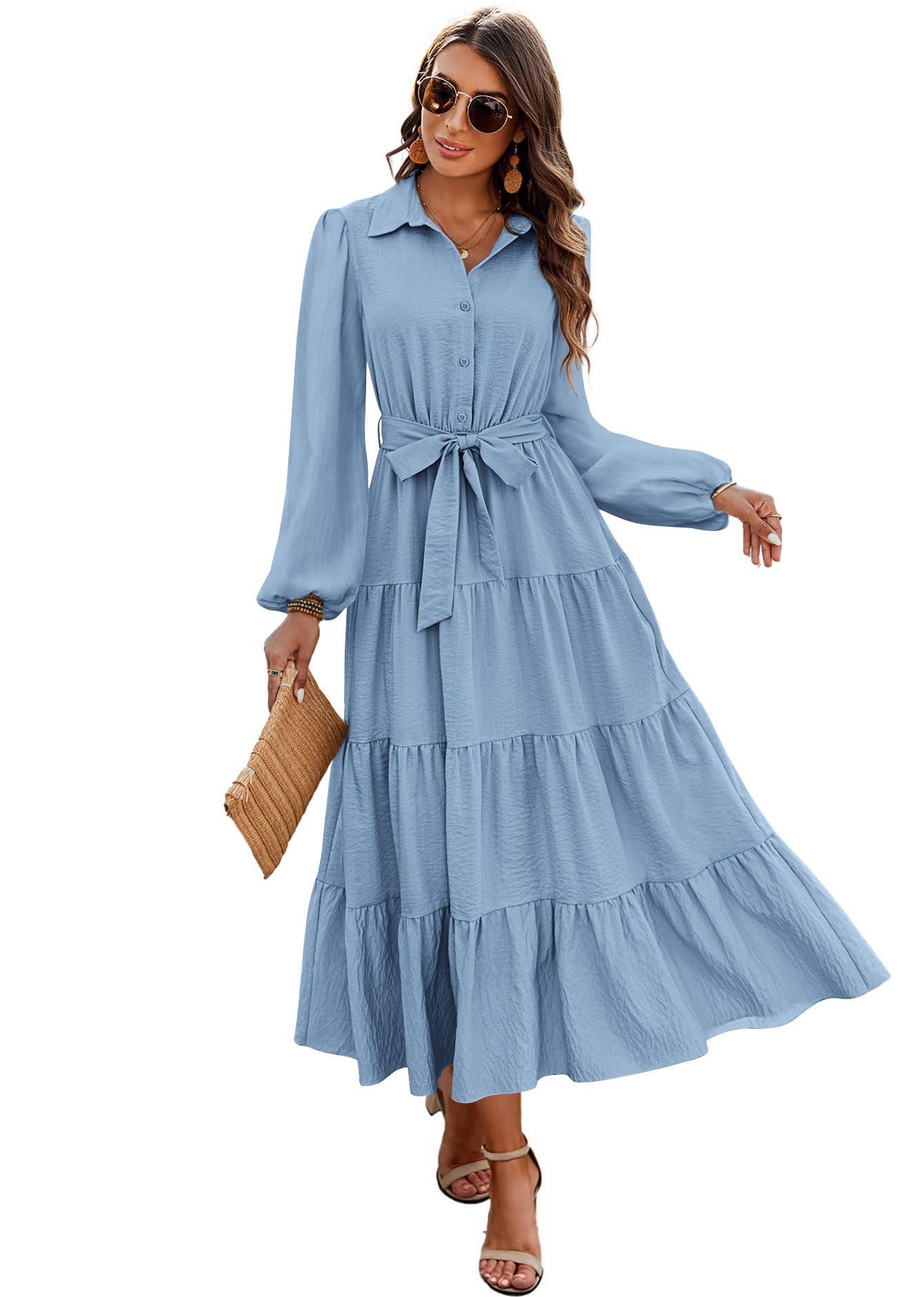 dowerme Women's Long Sleeve Dress 2025 Button Down Belted A-Line Flowy Fall Outfits Ruffle Maxi Holiday Party Dresses