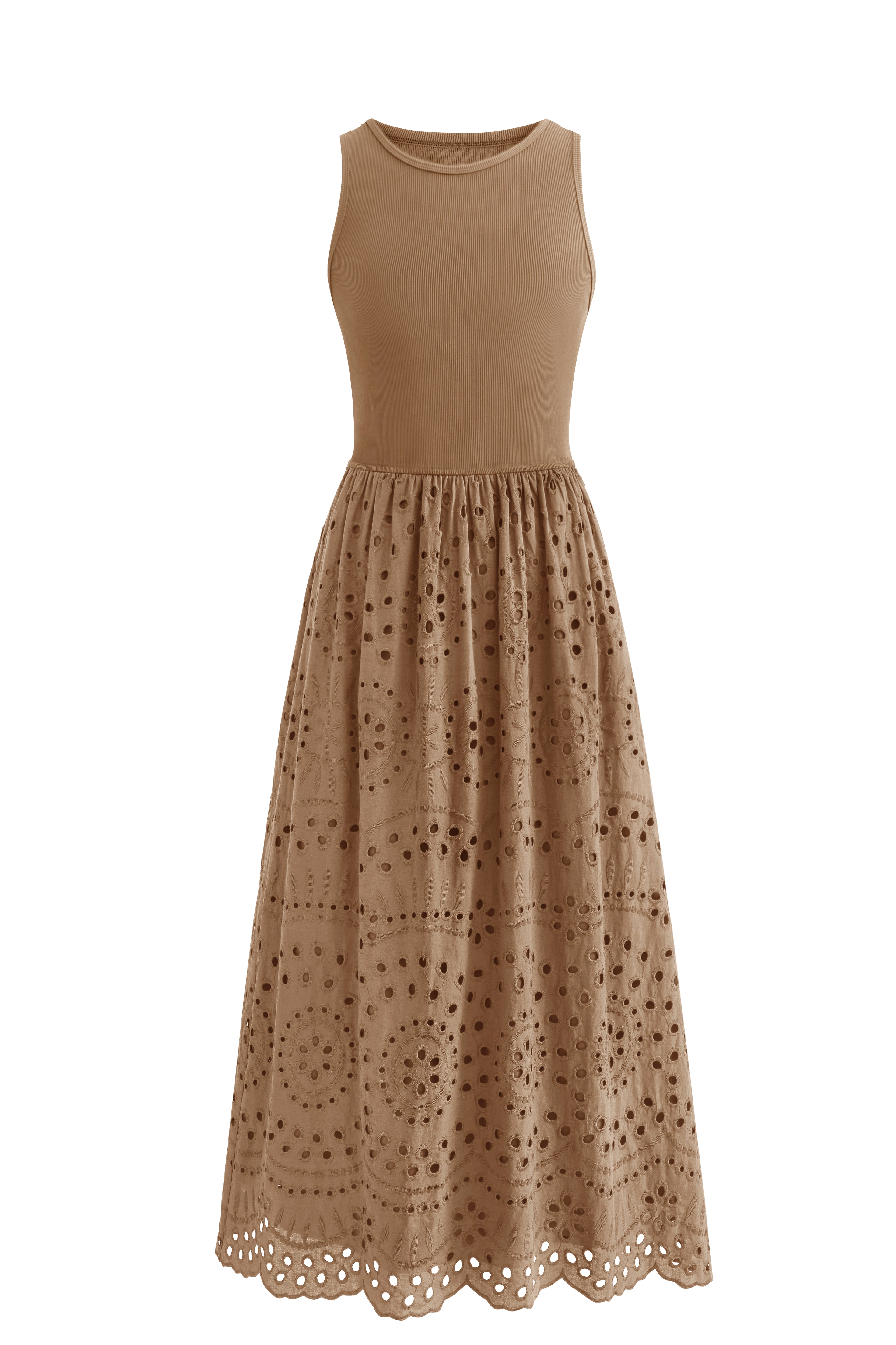 dowerme Women Summer Dresses 2025 Casual Sleeveless Crewneck A-Line Boho Lace Eyelet Cotton Tank Maxi Dress with Pockets