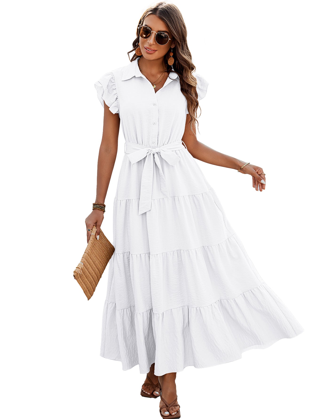 dowerme Women's Summer Casual Dresses 2025 Cap Ruffle Sleeve V Neck Button Belted Tiered Boho Maxi Dress with Pockets