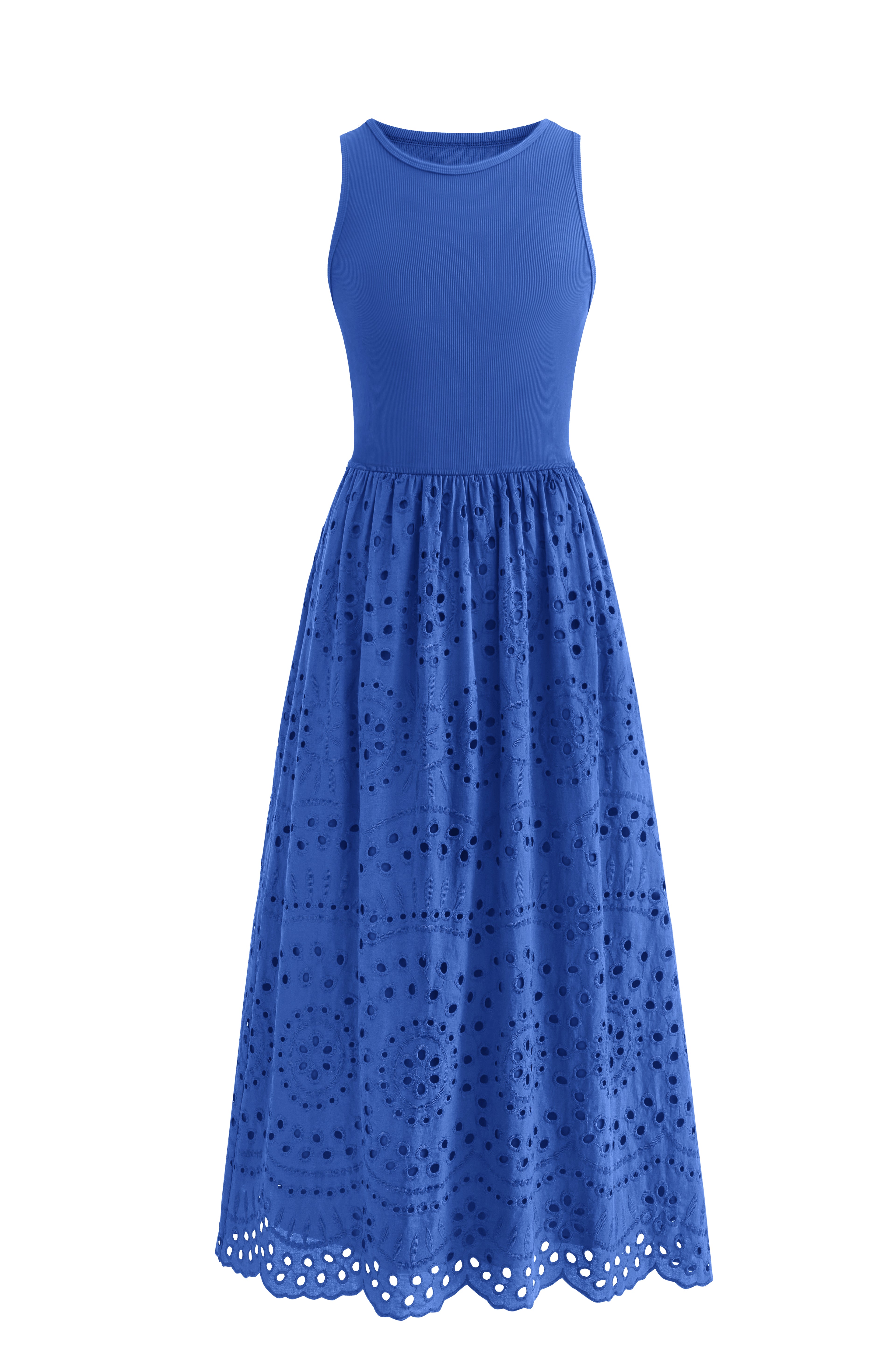 dowerme Women Summer Dresses 2025 Casual Sleeveless Crewneck A-Line Boho Lace Eyelet Cotton Tank Maxi Dress with Pockets