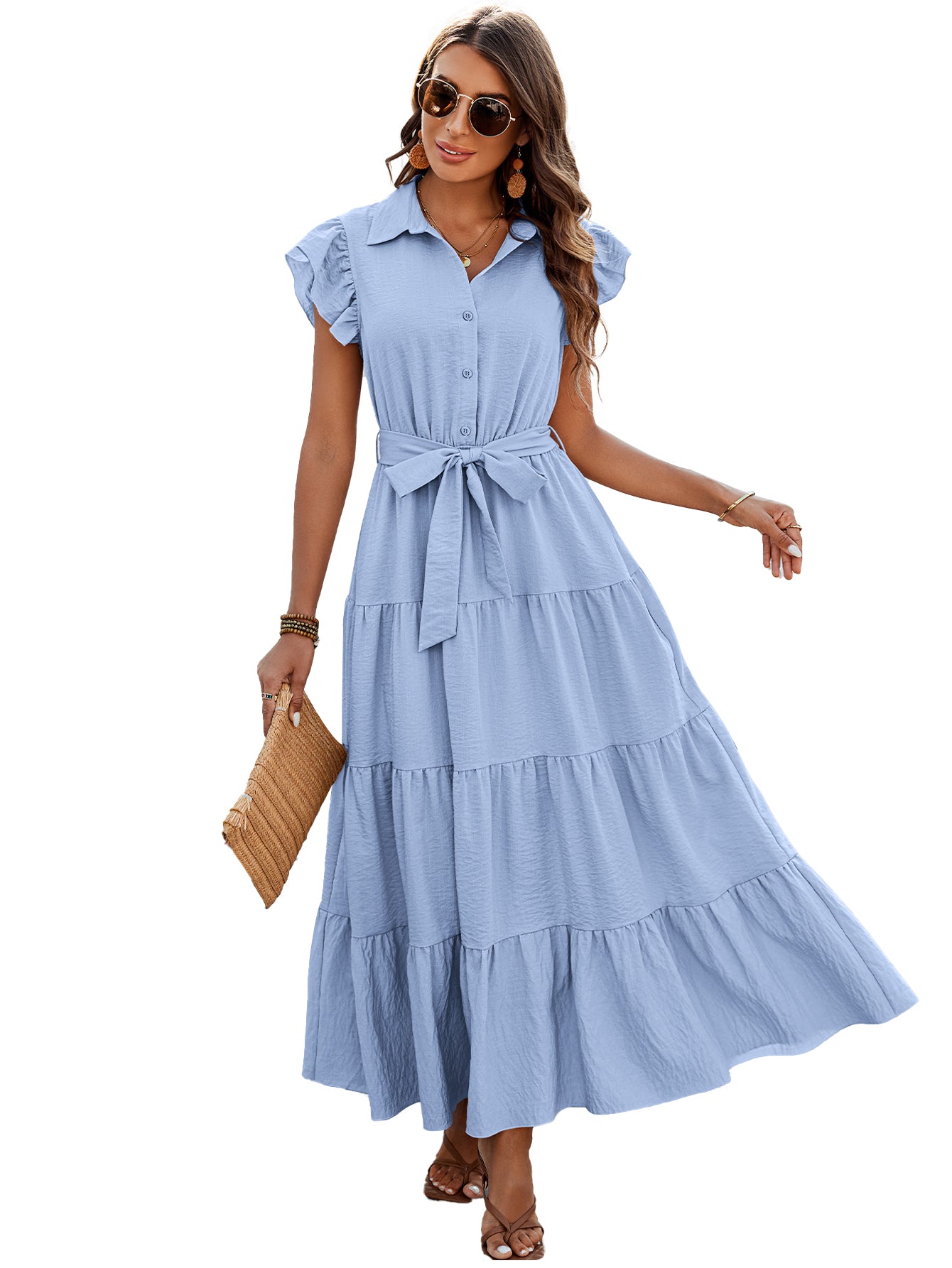 dowerme Women's Summer Casual Dresses 2025 Cap Ruffle Sleeve V Neck Button Belted Tiered Boho Maxi Dress with Pockets