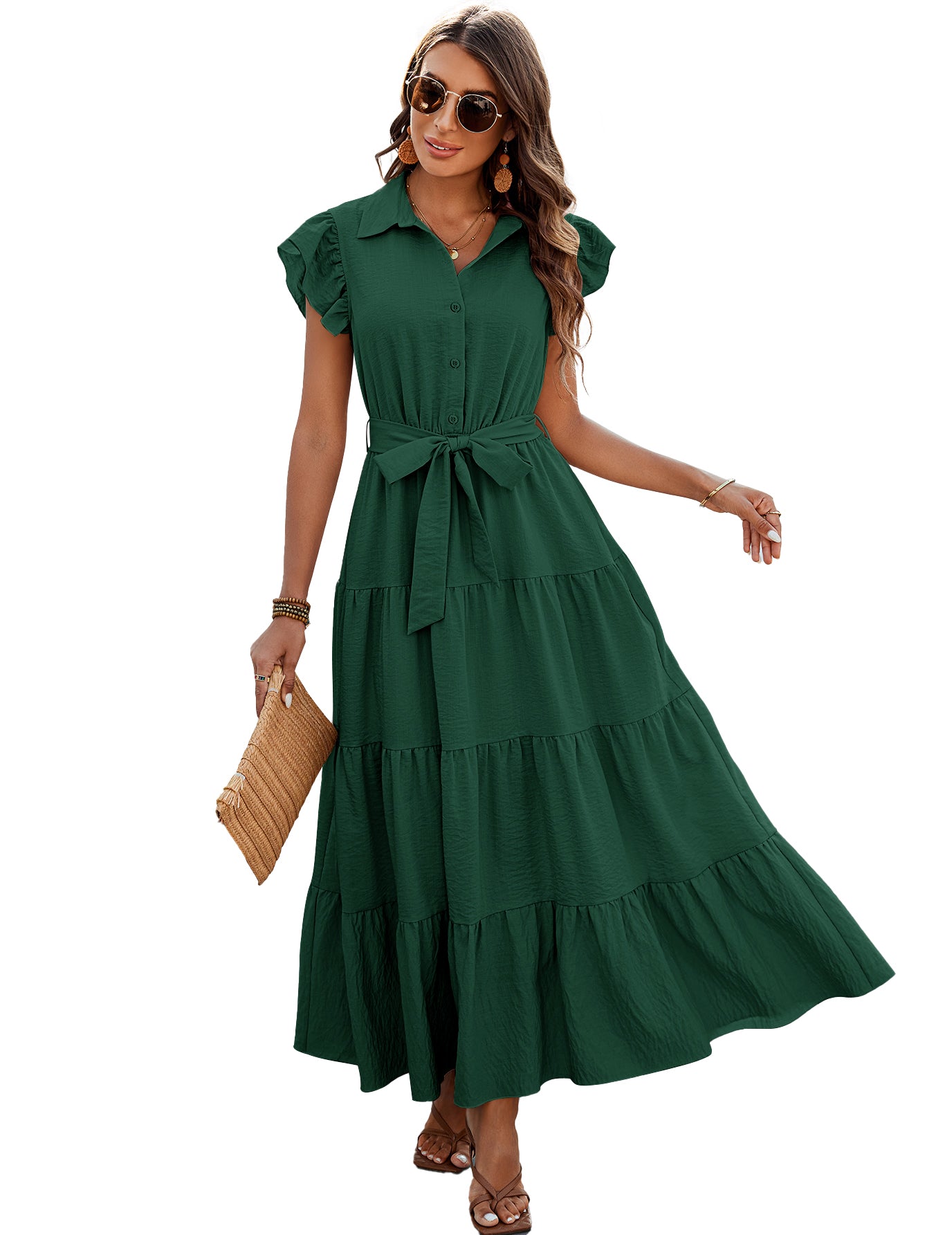 dowerme Women's Summer Casual Dresses 2025 Cap Ruffle Sleeve V Neck Button Belted Tiered Boho Maxi Dress with Pockets