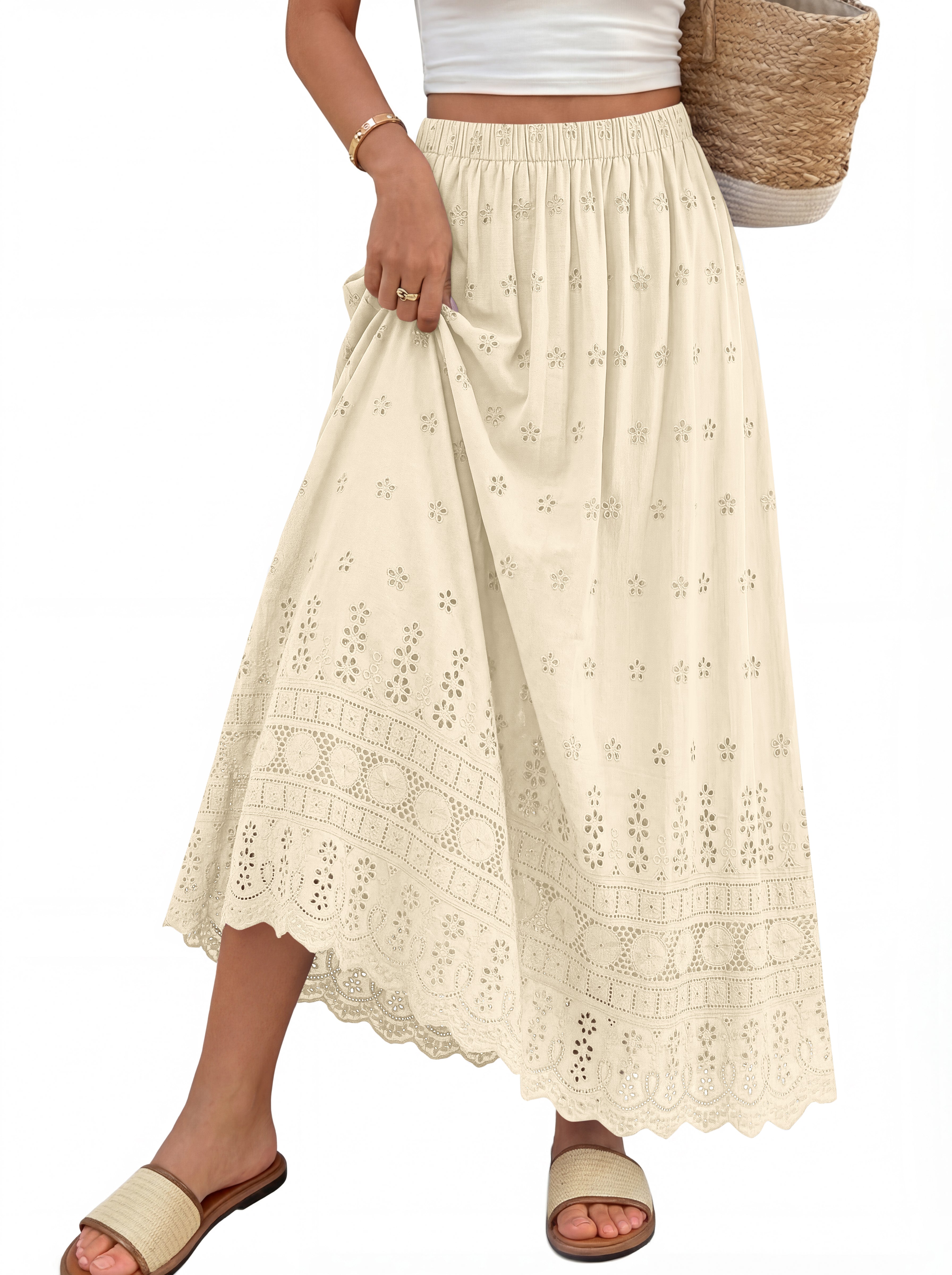 dowerme Women Summer Maxi Skirt Cute Elastic High Waist Boho Eyelet A-Line Cotton Flwoy Long Skirts Spring Clothes 2026