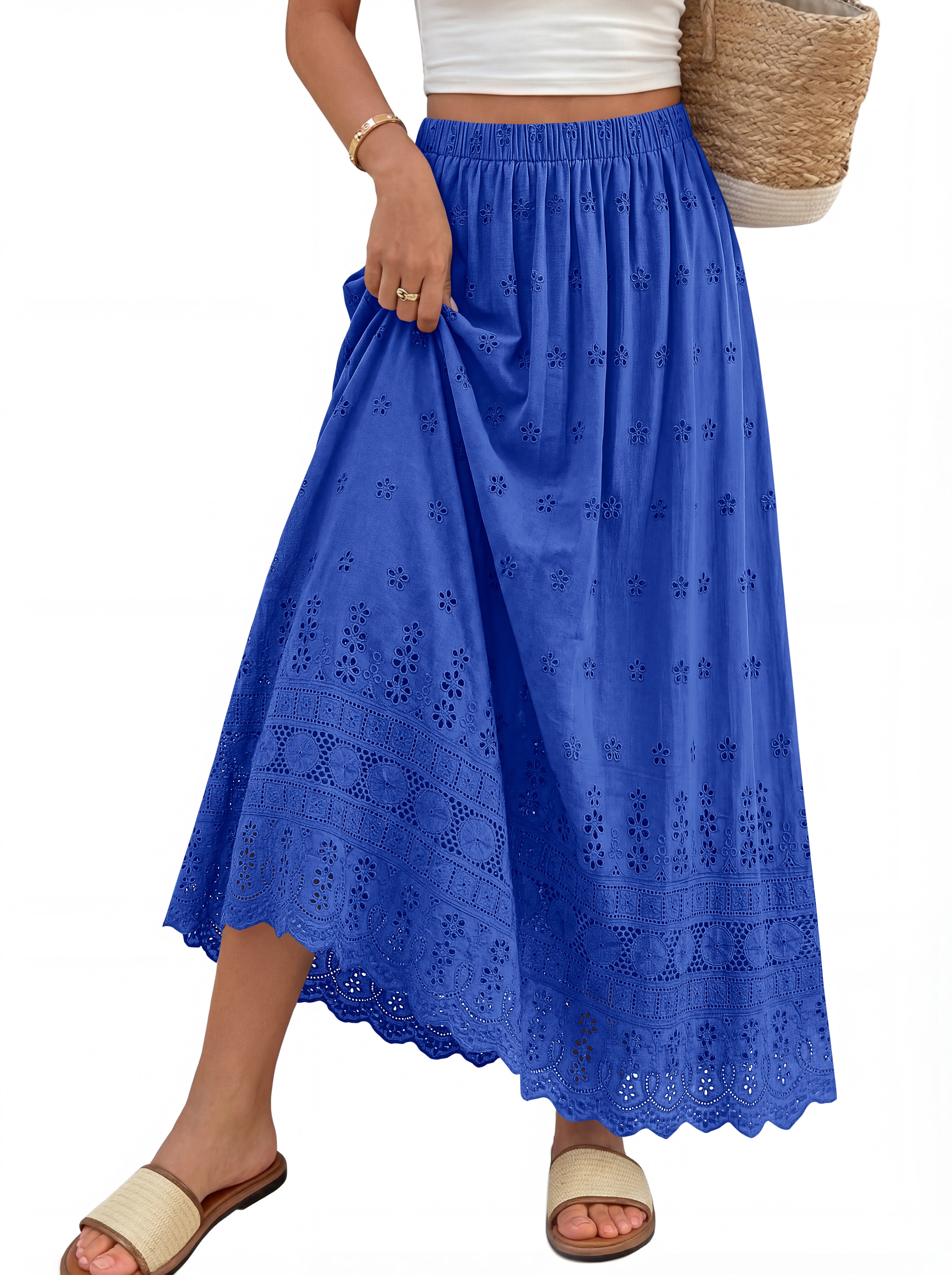 dowerme Women Summer Maxi Skirt Cute Elastic High Waist Boho Eyelet A-Line Cotton Flwoy Long Skirts Spring Clothes 2026