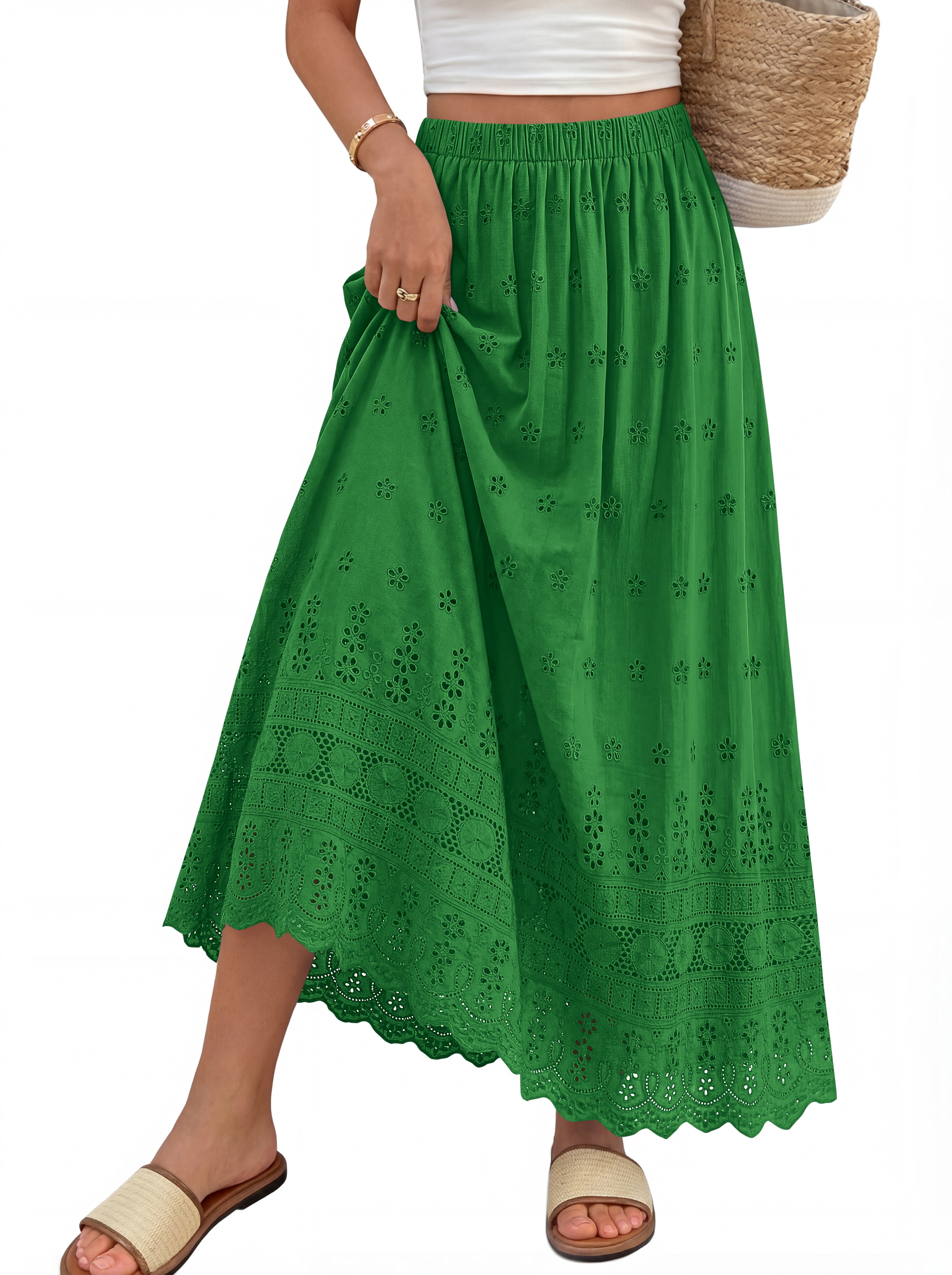 dowerme Women Summer Maxi Skirt Cute Elastic High Waist Boho Eyelet A-Line Cotton Flwoy Long Skirts Spring Clothes 2026