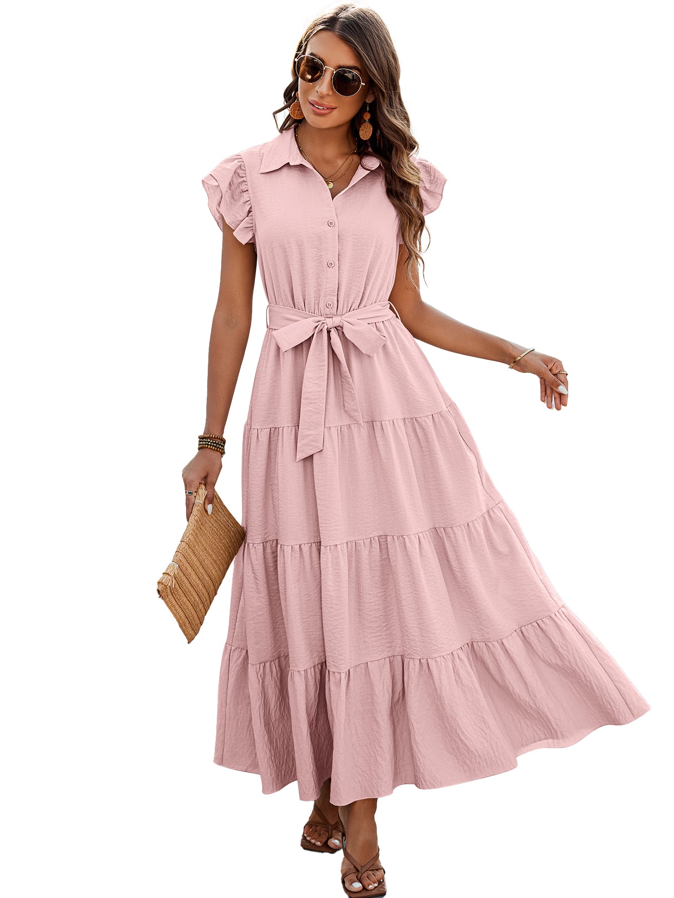 dowerme Women's Summer Casual Dresses 2025 Cap Ruffle Sleeve V Neck Button Belted Tiered Boho Maxi Dress with Pockets