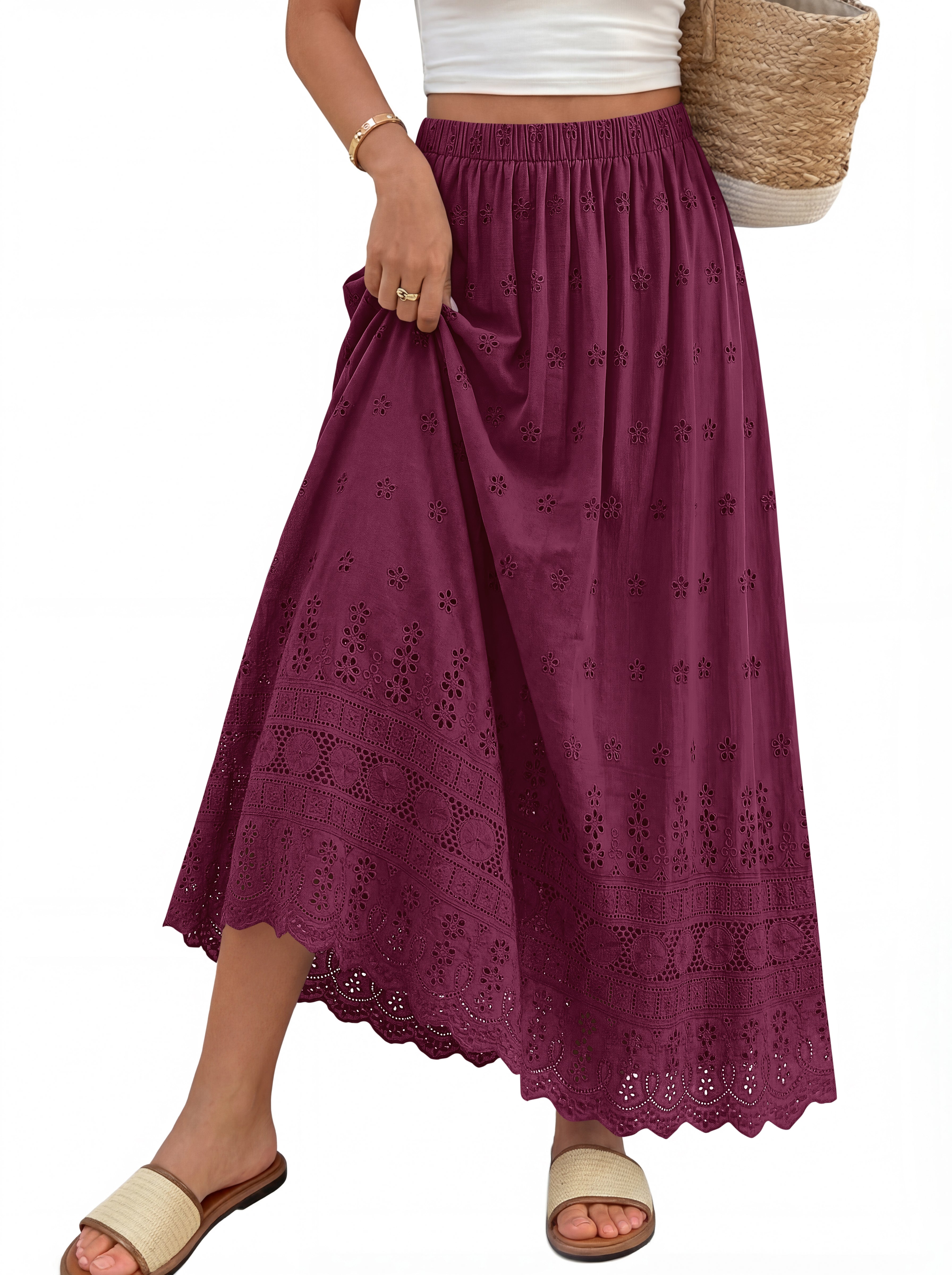 dowerme Women Summer Maxi Skirt Cute Elastic High Waist Boho Eyelet A-Line Cotton Flwoy Long Skirts Spring Clothes 2026