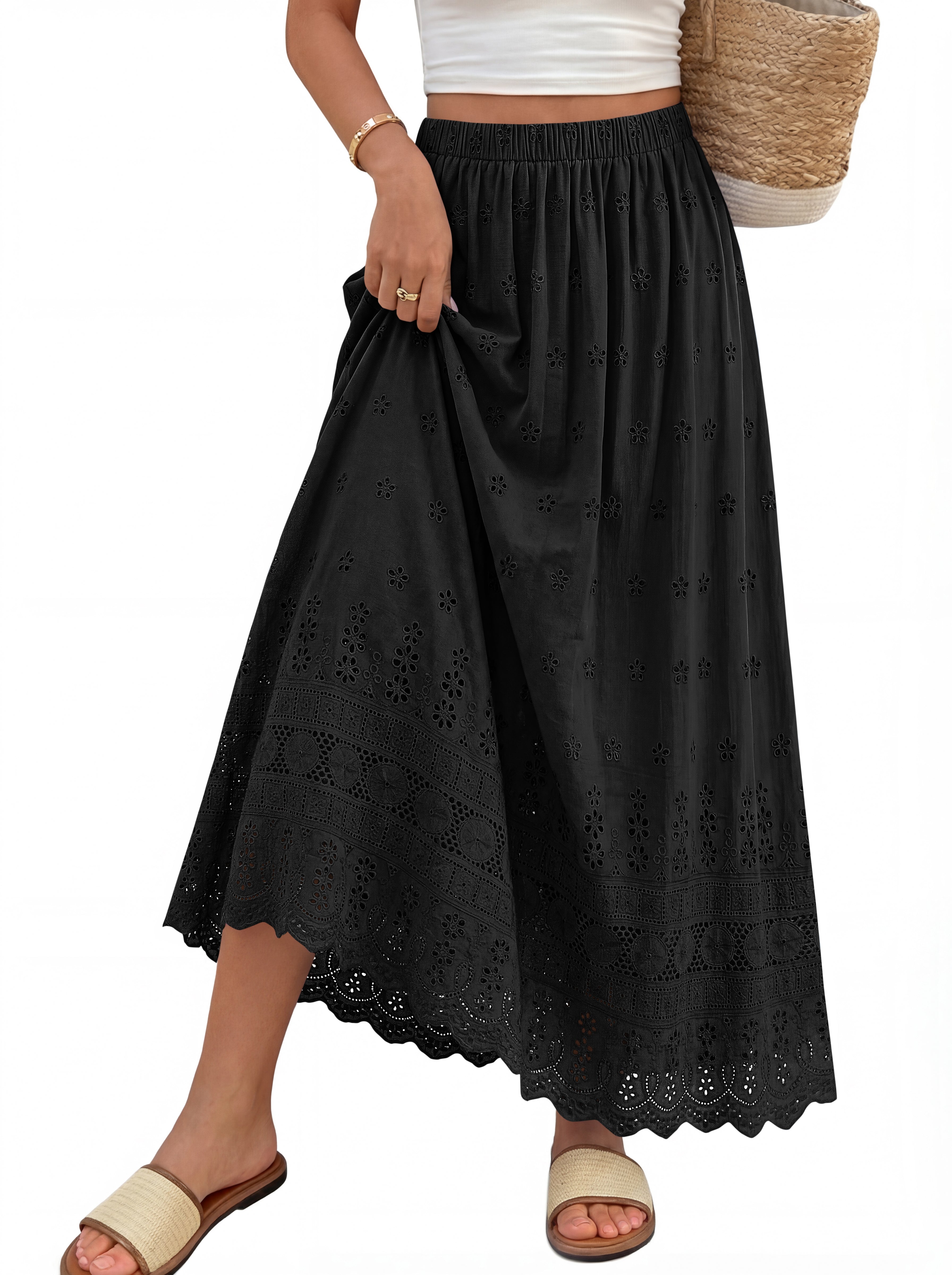 dowerme Women Summer Maxi Skirt Cute Elastic High Waist Boho Eyelet A-Line Cotton Flwoy Long Skirts Spring Clothes 2026
