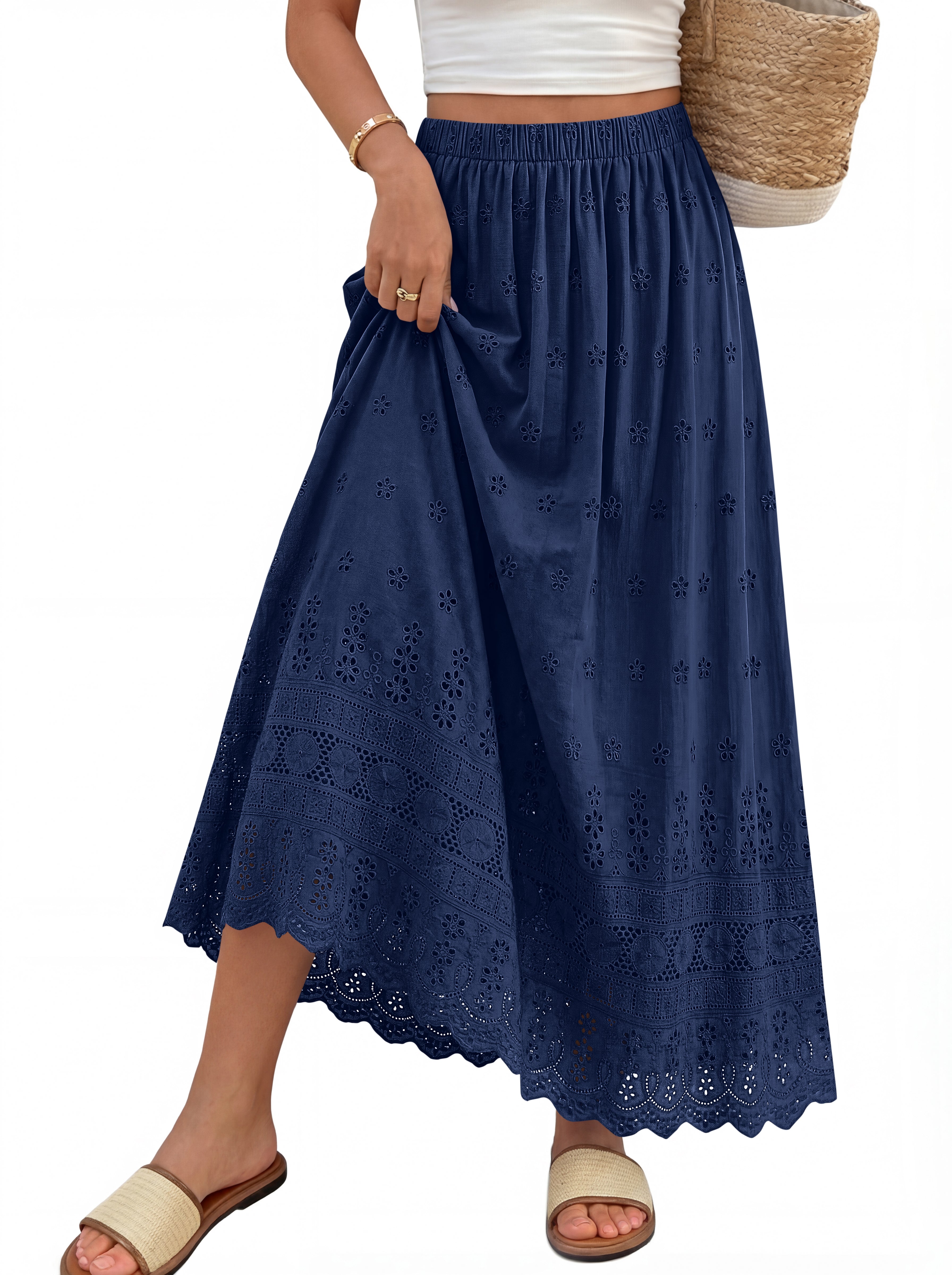 dowerme Women Summer Maxi Skirt Cute Elastic High Waist Boho Eyelet A-Line Cotton Flwoy Long Skirts Spring Clothes 2026