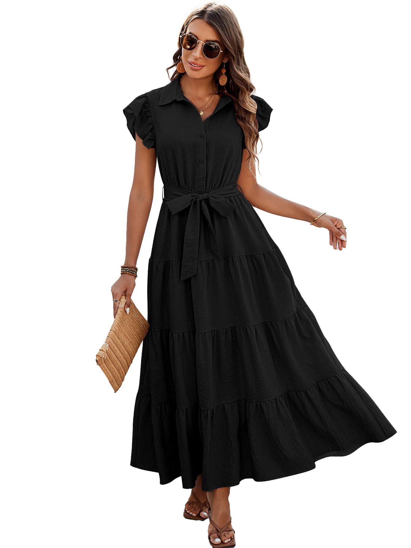 dowerme Women's Summer Casual Dresses 2025 Cap Ruffle Sleeve V Neck Button Belted Tiered Boho Maxi Dress with Pockets