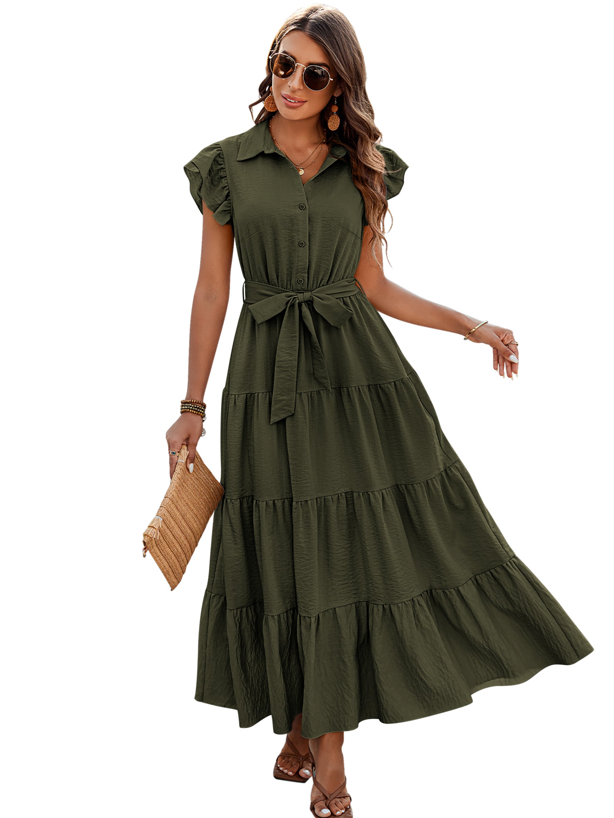 dowerme Women's Summer Casual Dresses 2025 Cap Ruffle Sleeve V Neck Button Belted Tiered Boho Maxi Dress with Pockets