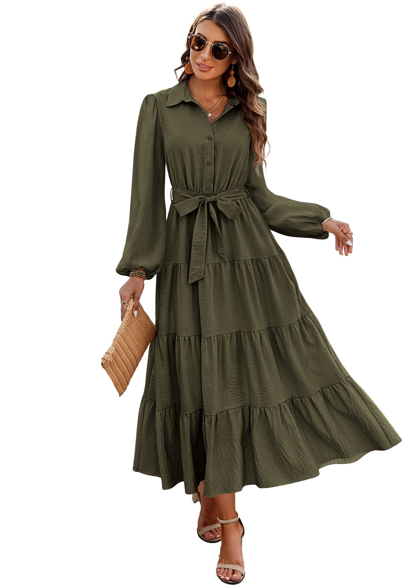 dowerme Women's Long Sleeve Dress 2025 Button Down Belted A-Line Flowy Fall Outfits Ruffle Maxi Holiday Party Dresses